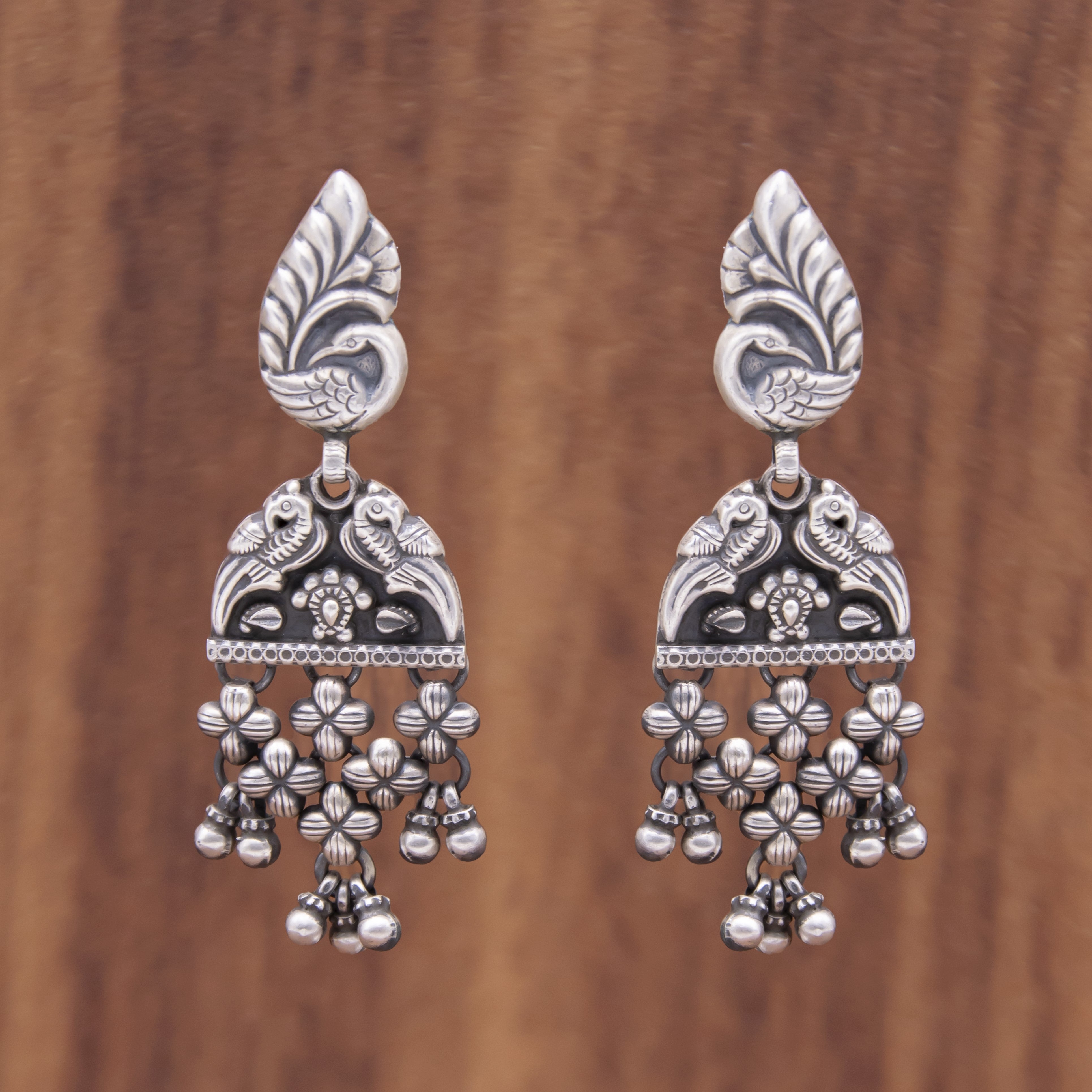 Peacock and Birds Hanging 925 Oxidised Silver Jhumkas