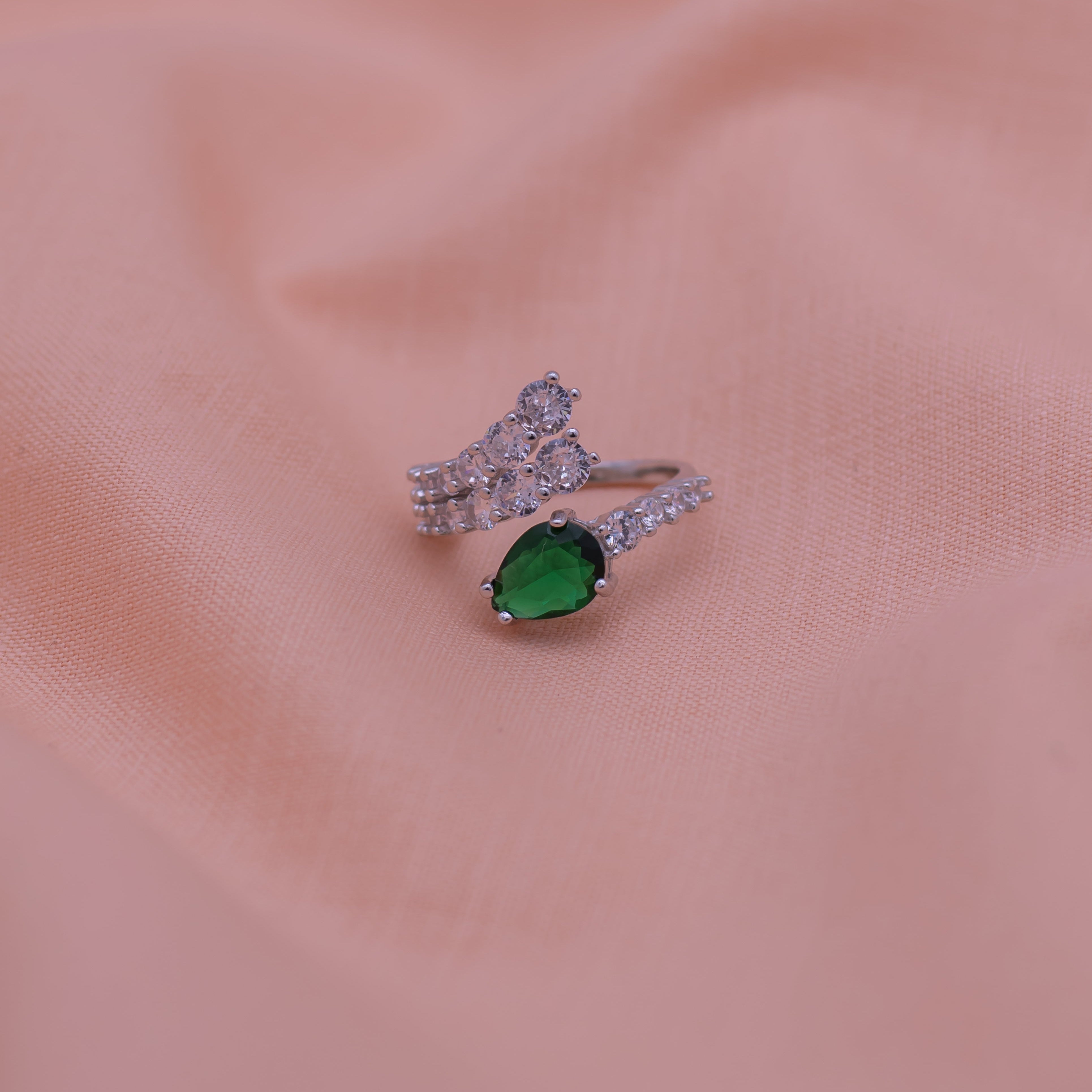 Emerald and Zircon Stones Connecting Pure Silver Party Ring- Free size