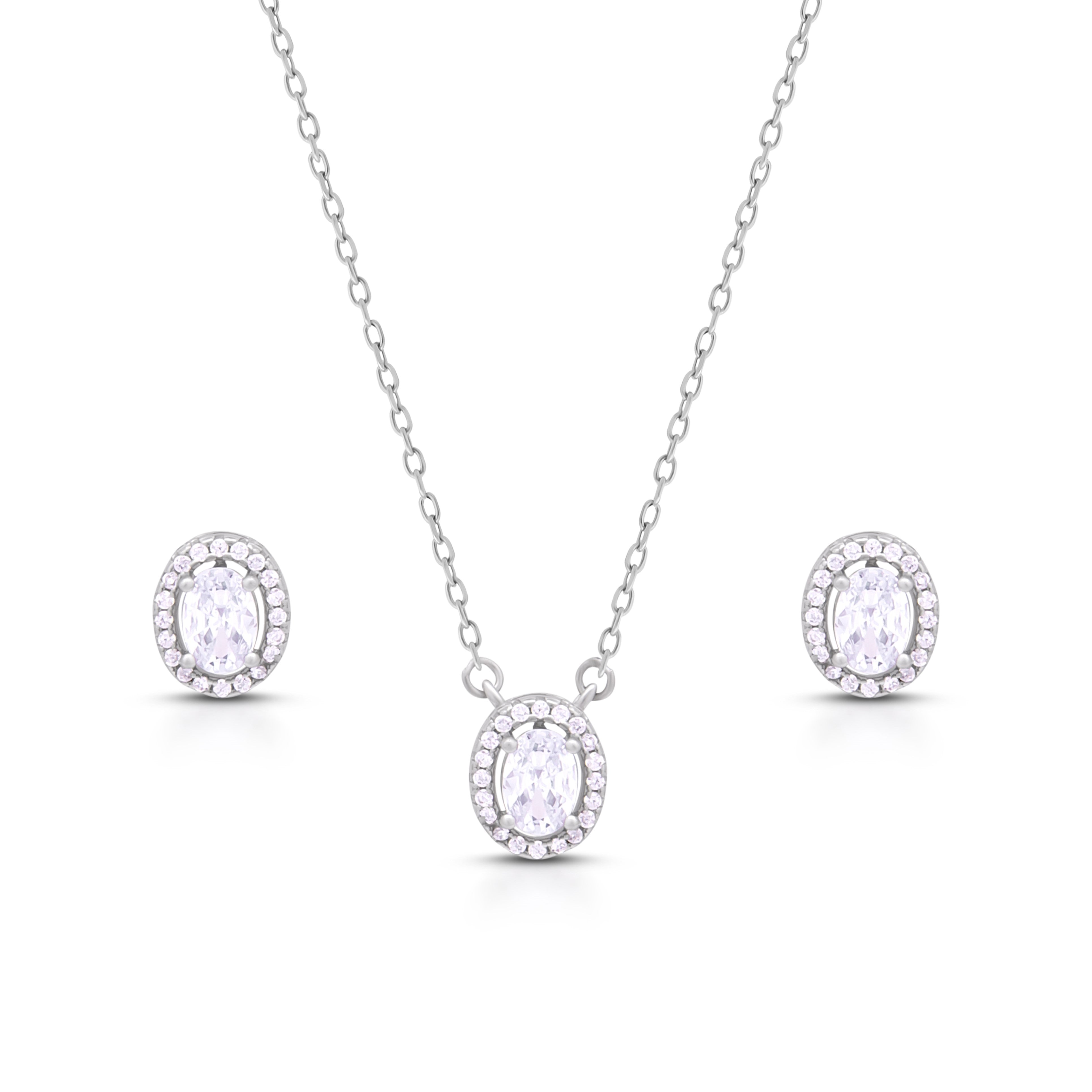Classic zircon oval pendant with linked chain and Earrings in 925 Silver