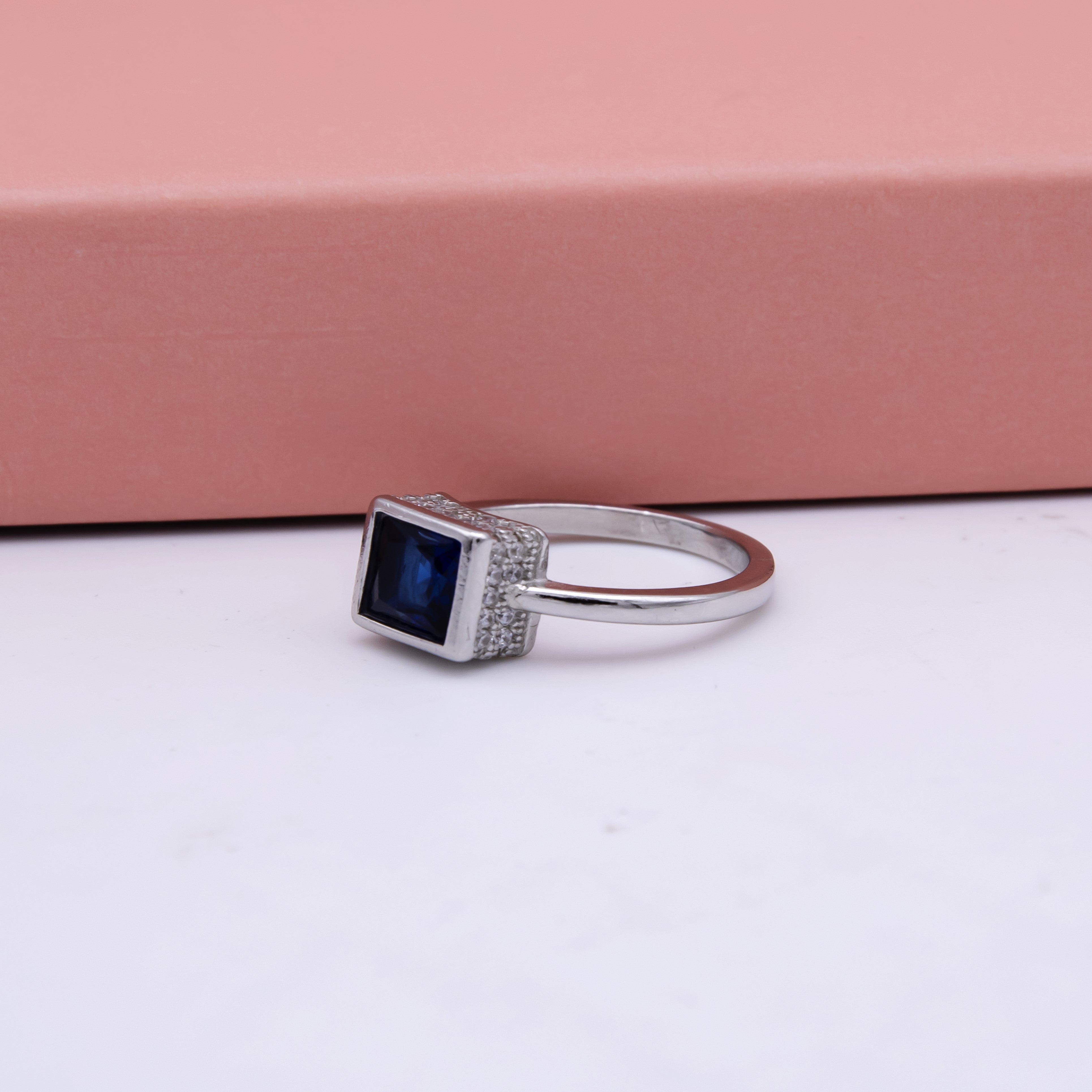 Sapphire Stone Cube Heavy 925 Pure Silver Ring