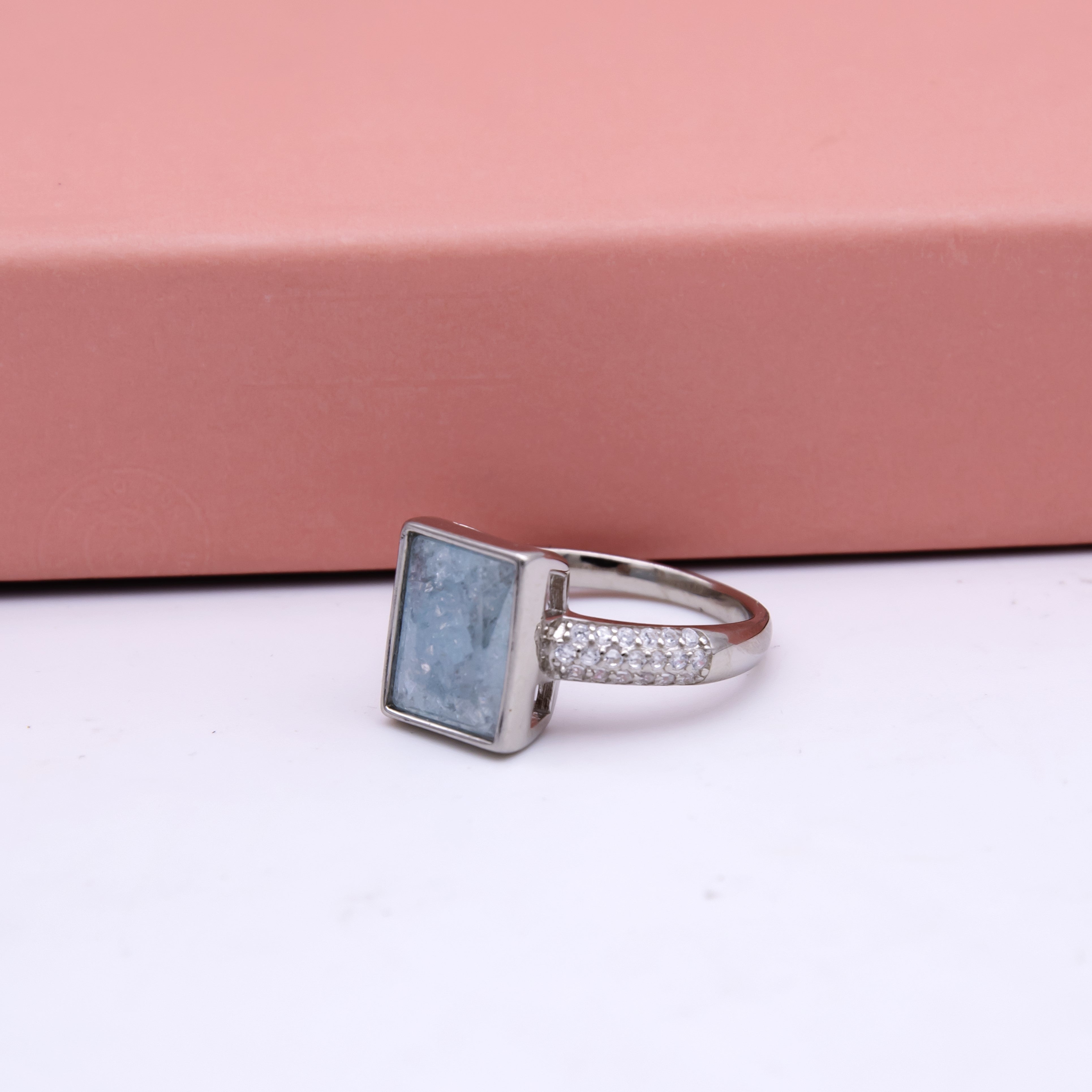 Aqua blue stone cube heaavy 925 silver Ring