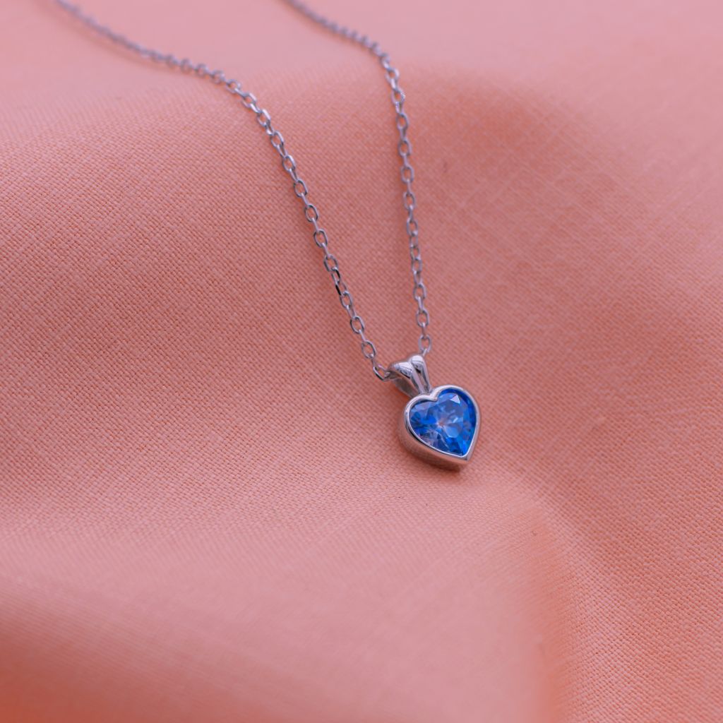 Blue Stone Heart Pure Silver Pendant with silver linked Chain