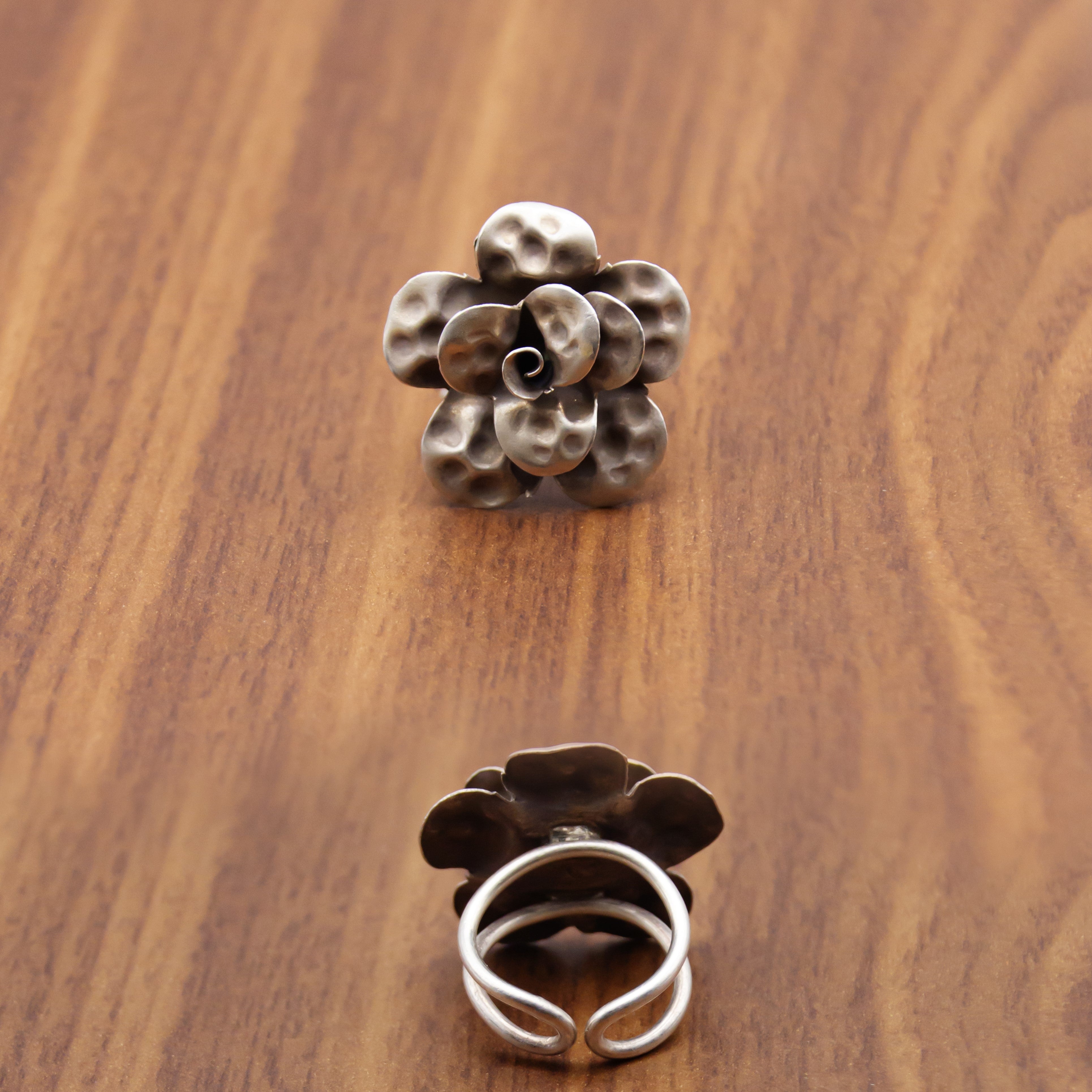 Open Rose Textured 925 Oxidised Ring- Free size