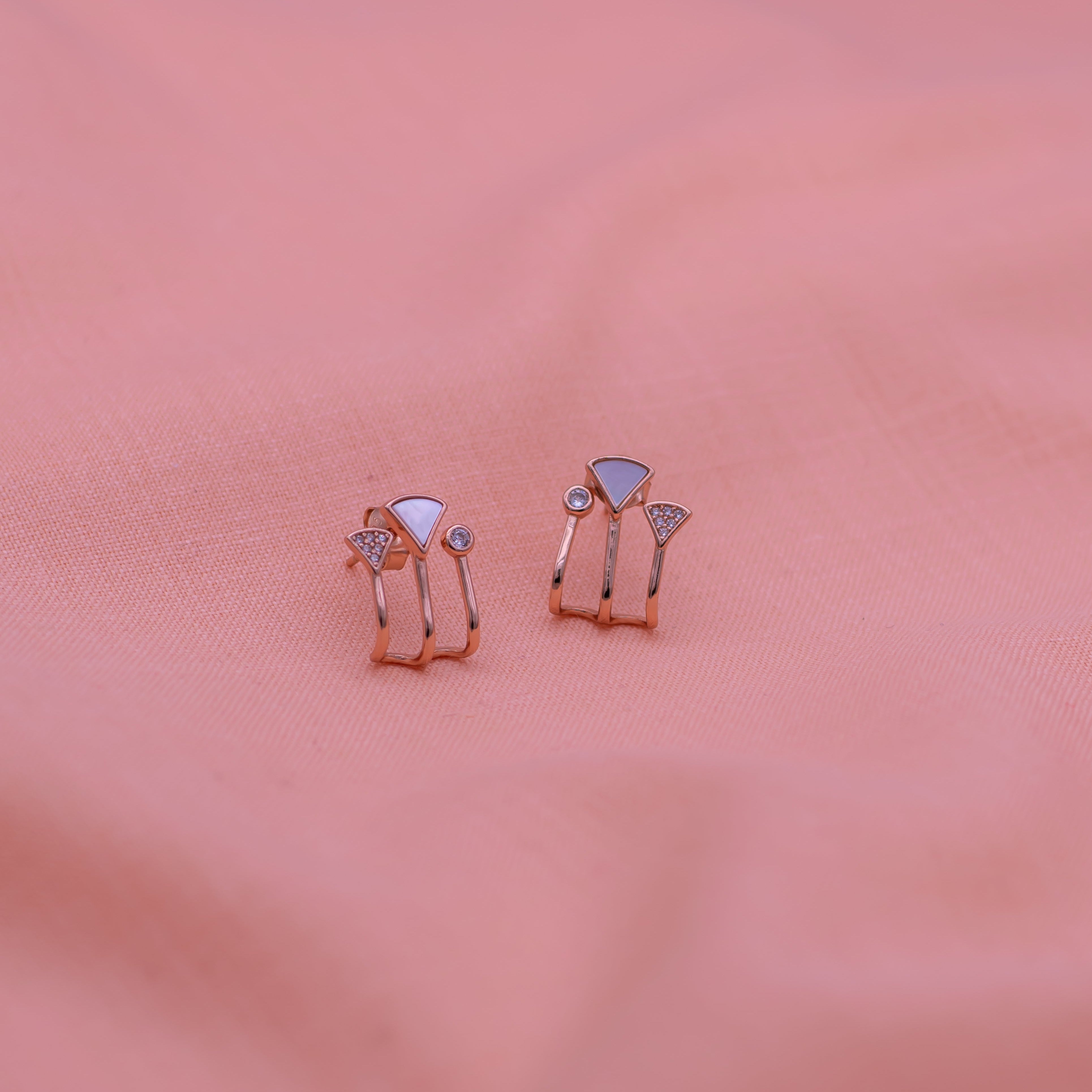 3 Lined Zircon Stones Studs in Rose Gold polish 925 Silver