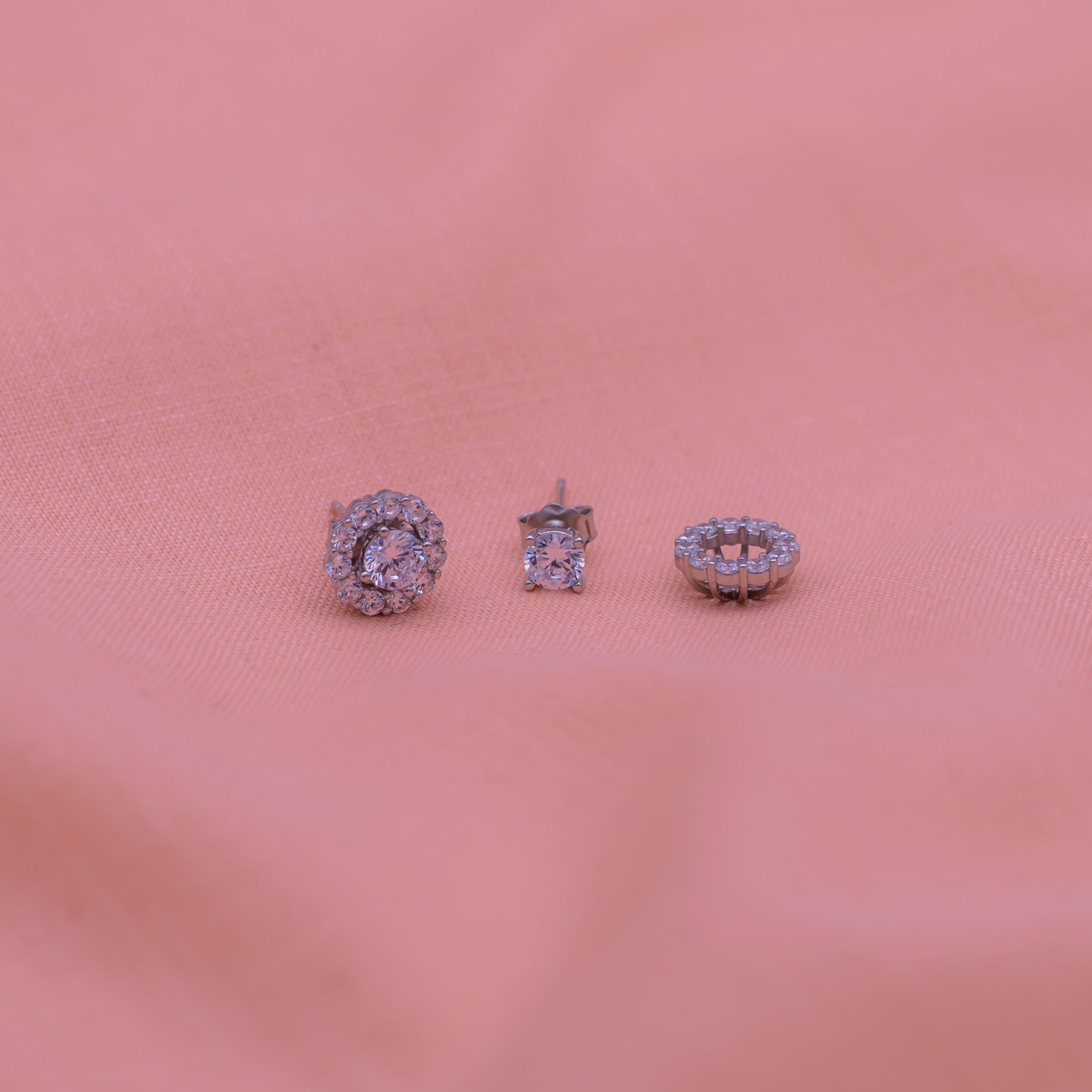 2 in 1 White Zircon Flower Pure Silver Studs