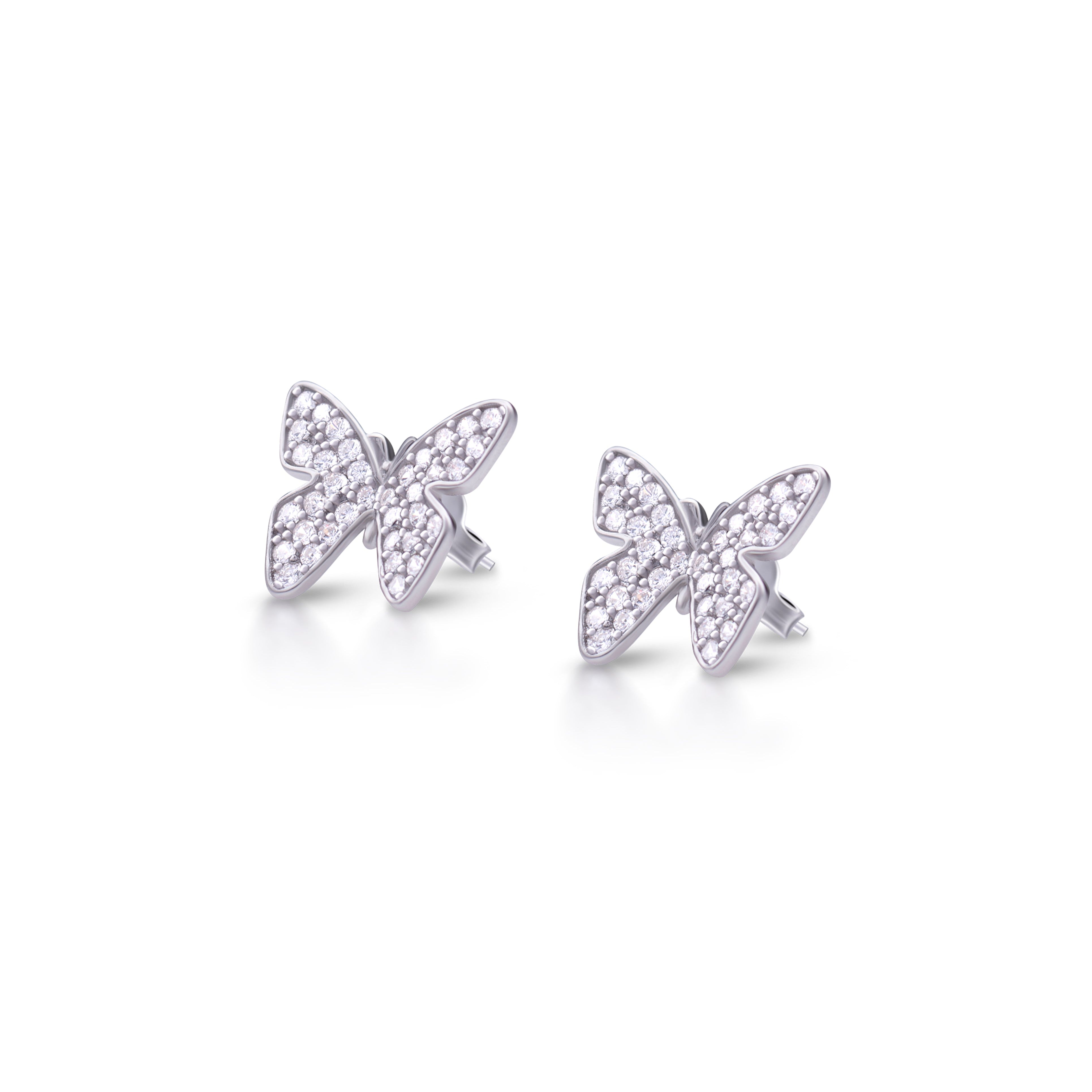 Butterfly White Zircon Stones Pure Silver Stud Earrings