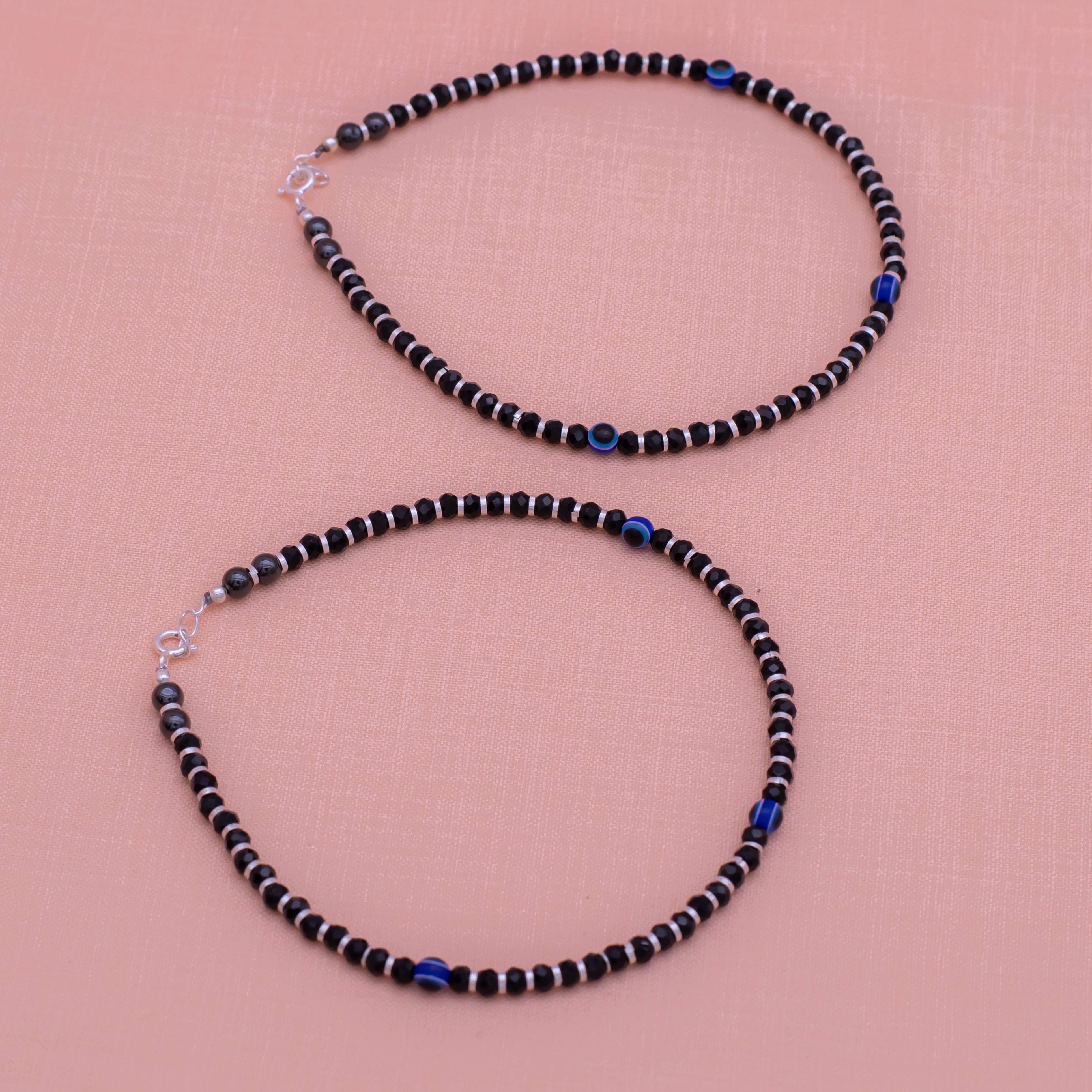 Black Beads 3 Evil Eye Pure Silver Classic Adjustable Anklet- Single piece