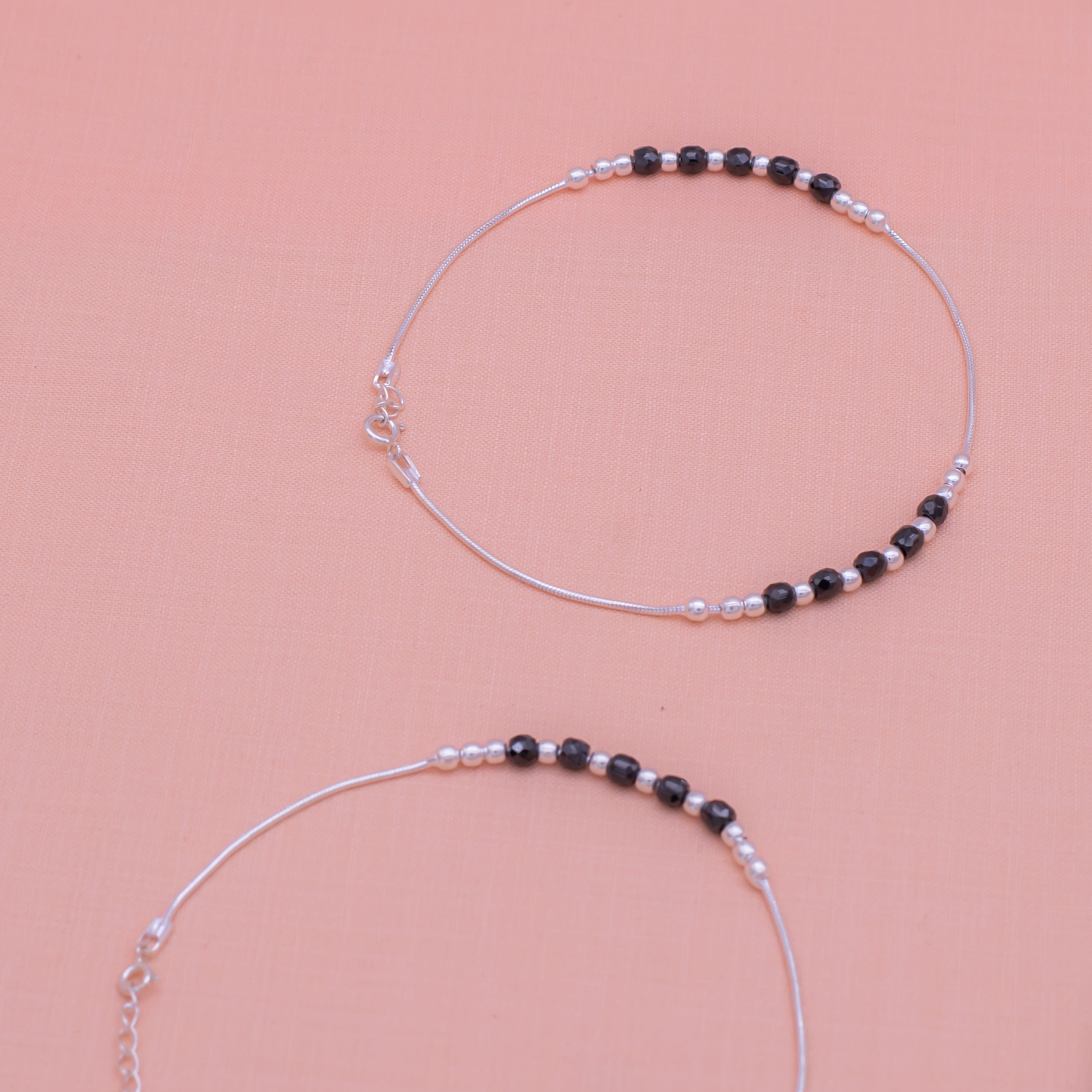Black Beads Silver Beads Length Anklet in 925 Silver- Single piece