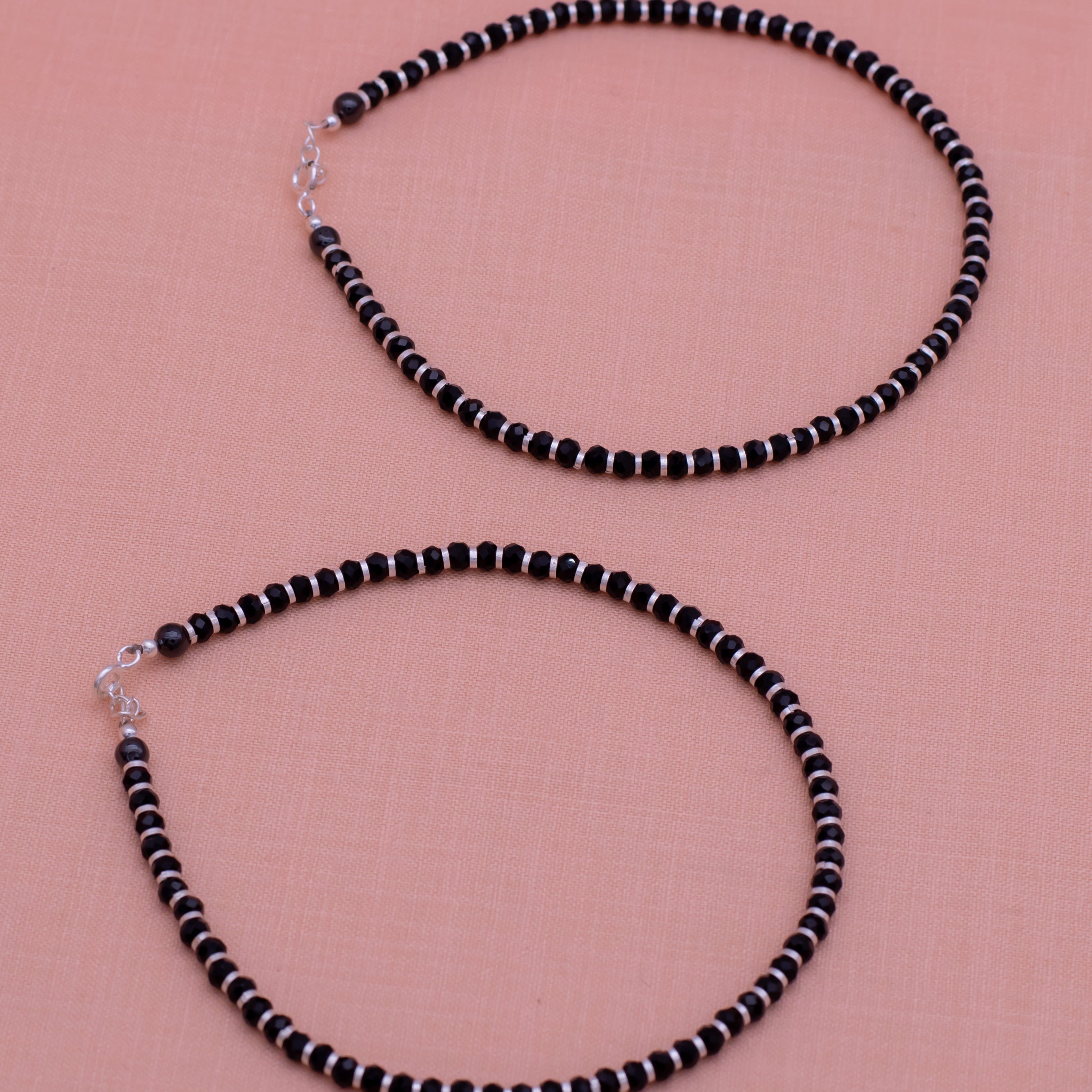 Black Beads 925 Pure Silver Classic Adjustable Anklet- Single piece
