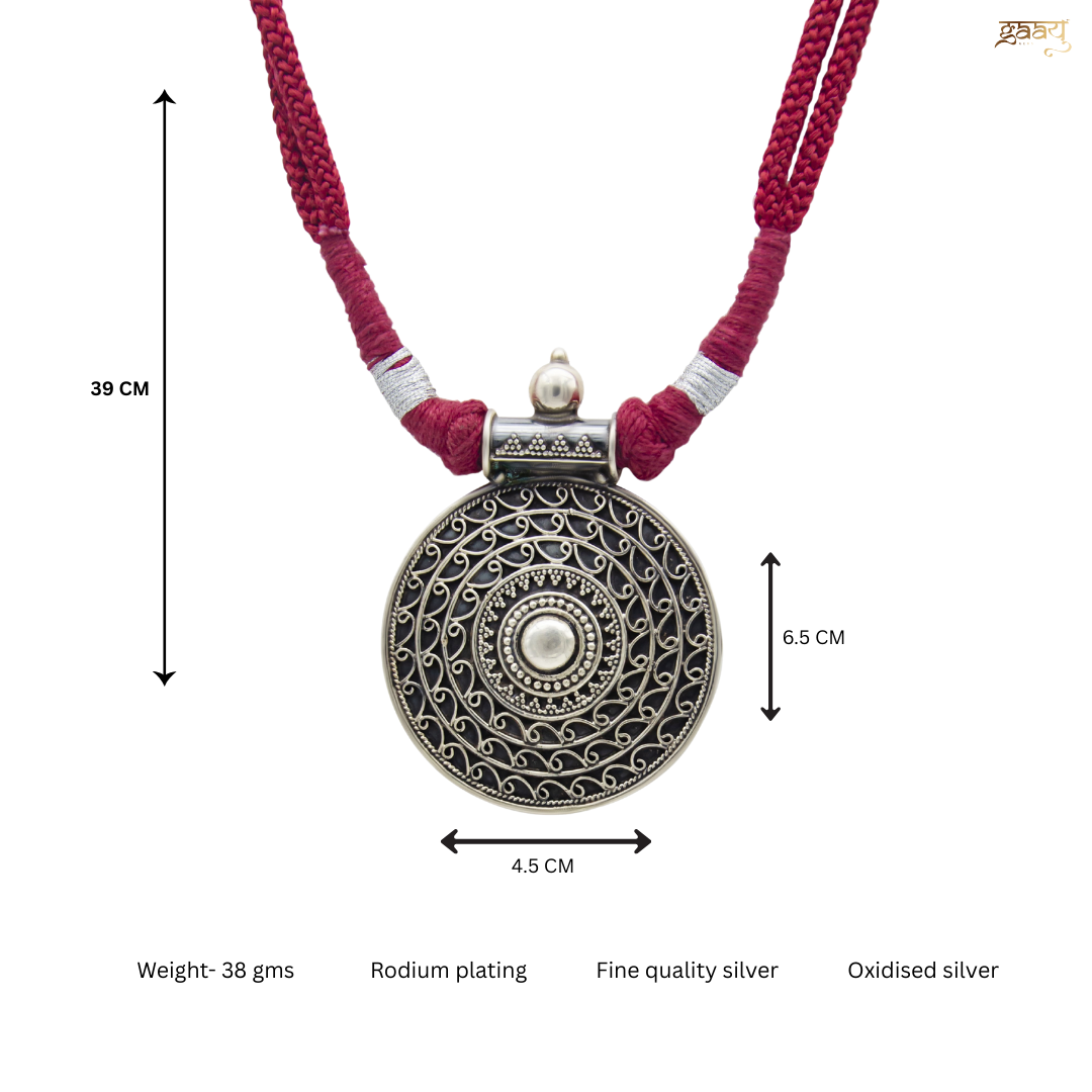 Oxidised Circle Pattered 925 Silver Necklace With Red Dori