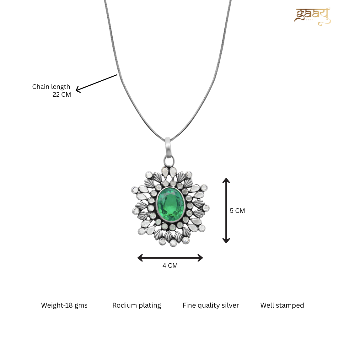 Emerald Stone 925 Oxidised Silver Pendant with Minimal Silver Chain