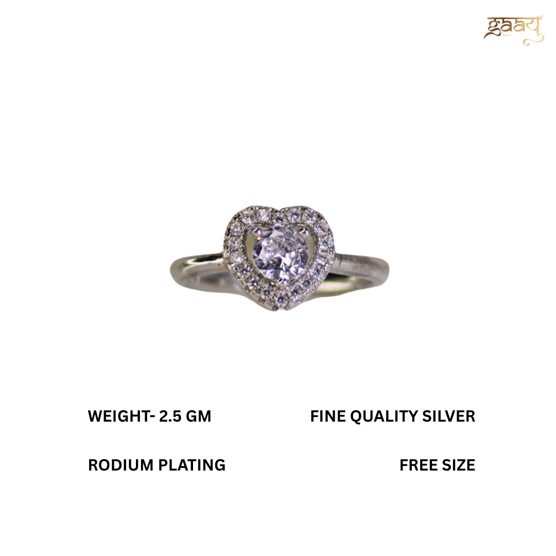 Zircon Stone Heart Charm 925 Silver Ring- Free size