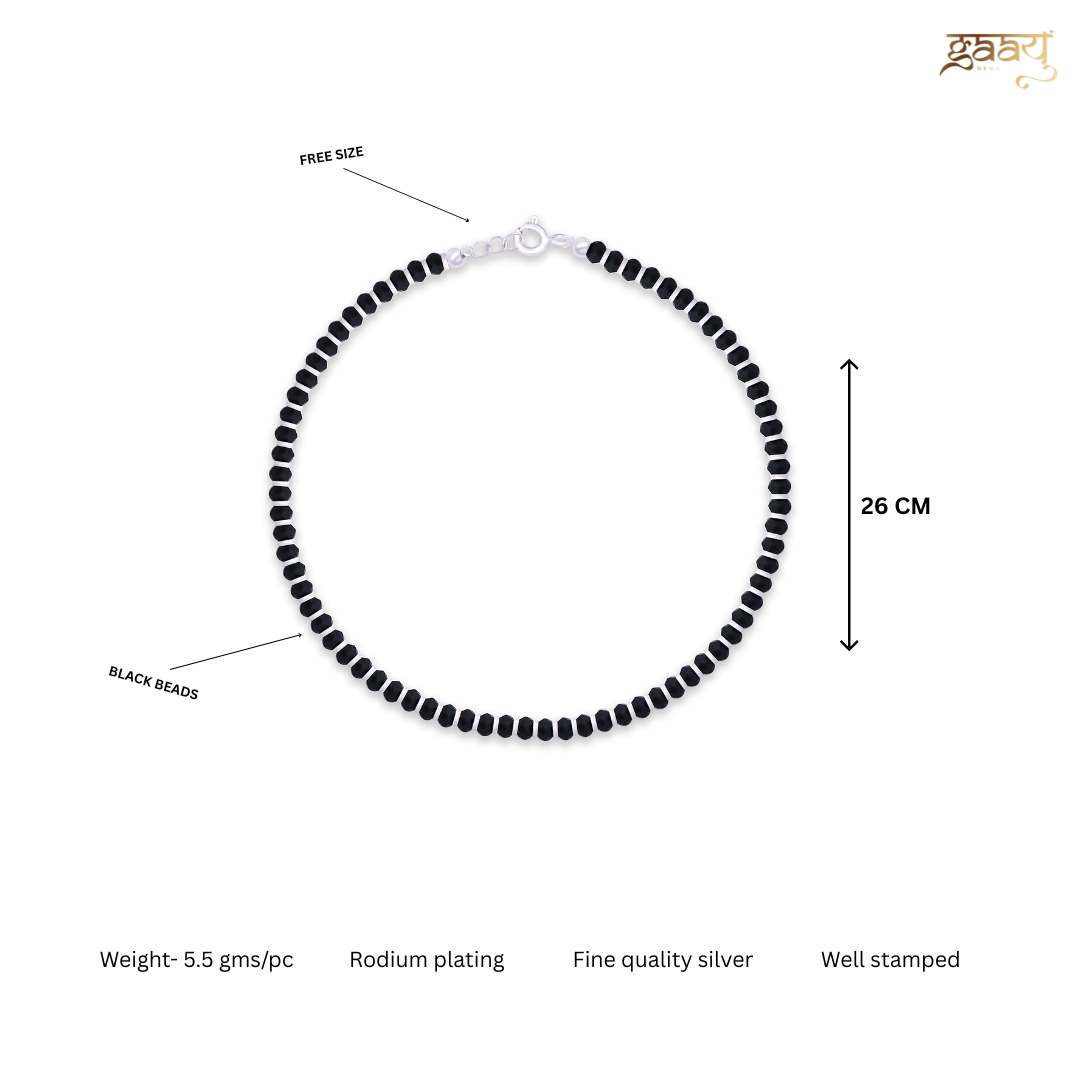 Black Beads 925 Pure Silver Classic Adjustable Anklet- Single piece