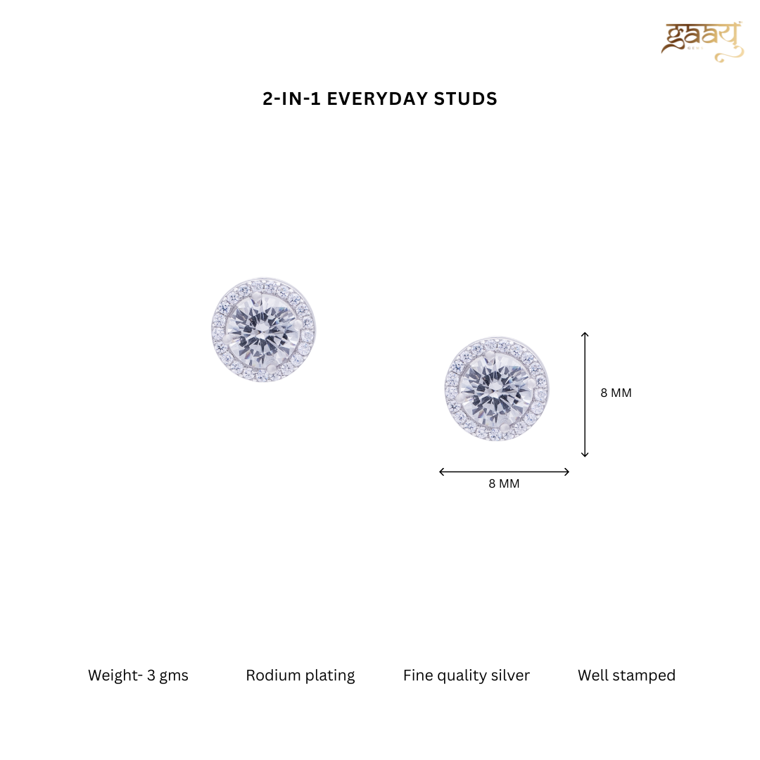 2 in 1 White Zircon Flower Pure Silver Studs