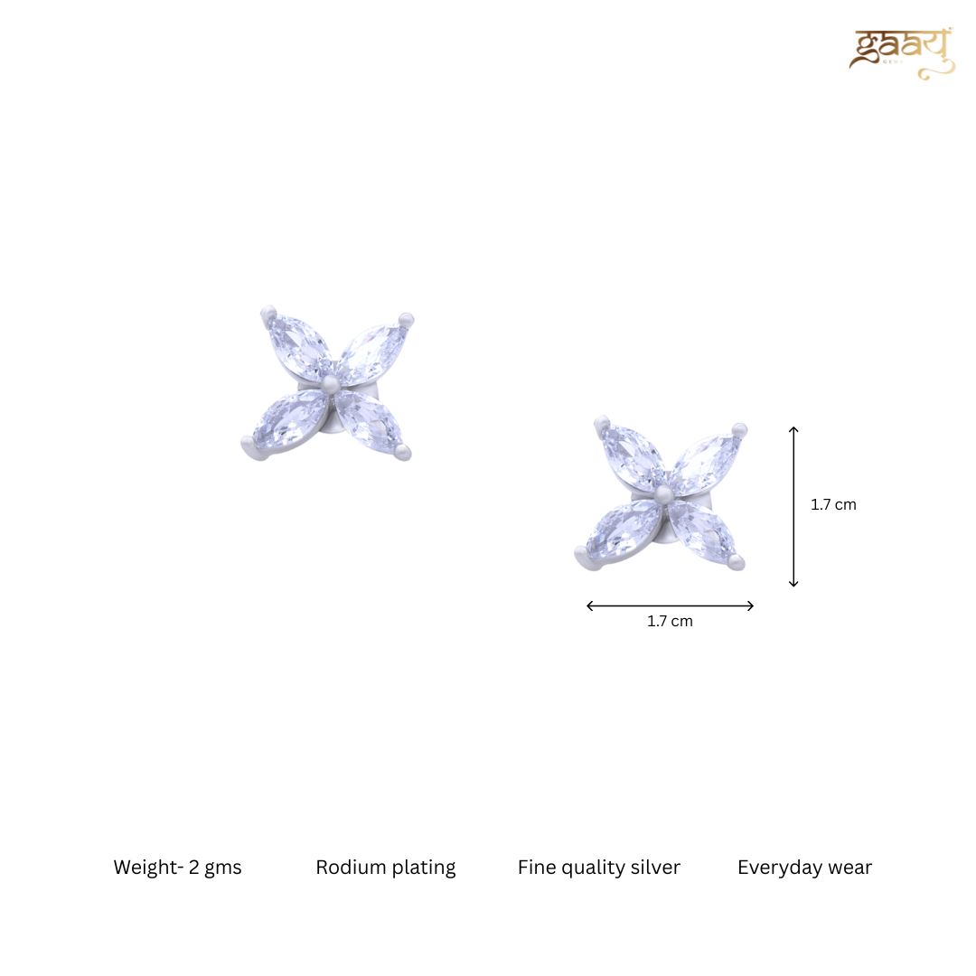 4 Petals Flower Zircon Stones Pure Silver Studs