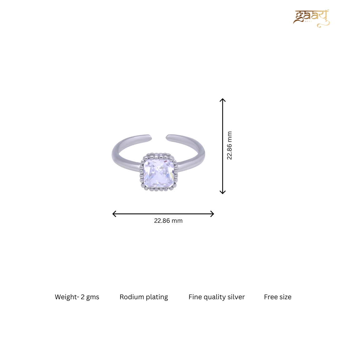 Zircon Stone in Cube Pure Silver Minimal Ring- Free size
