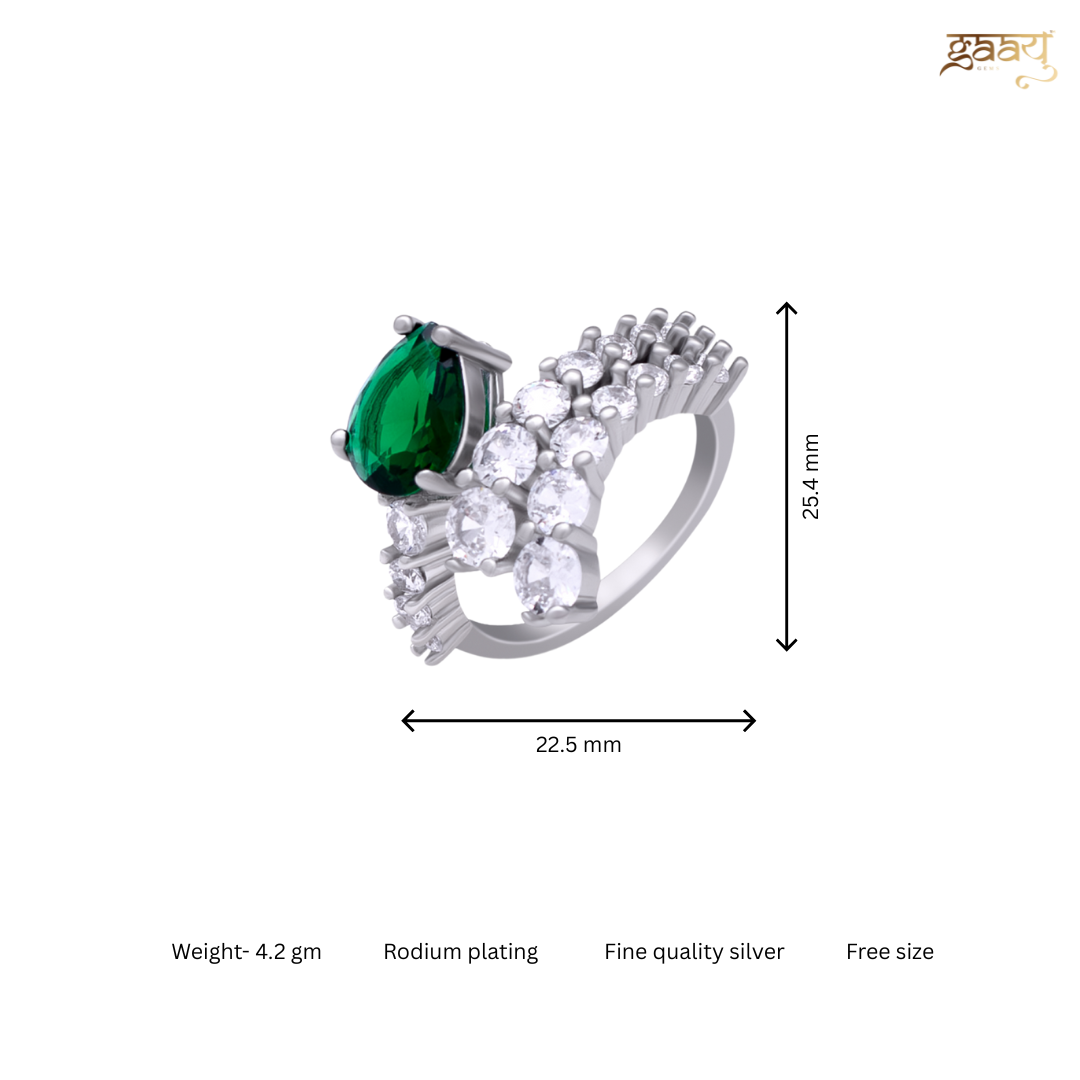 Emerald and Zircon Stones Connecting Pure Silver Party Ring- Free size