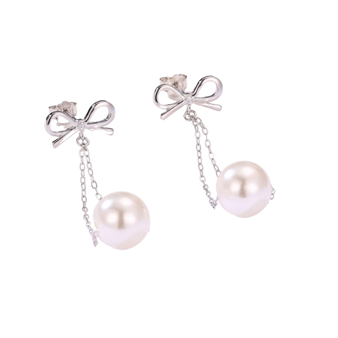 Bow with Hanging Pearl Drop Earrings in 925 Silver