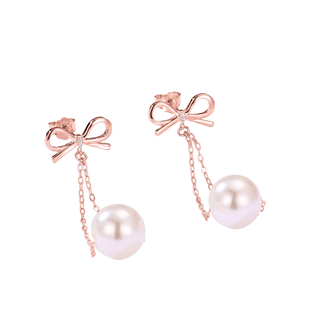 Bow With Hanging Pearl Drop Earrings in Rose Gold 925 Silver