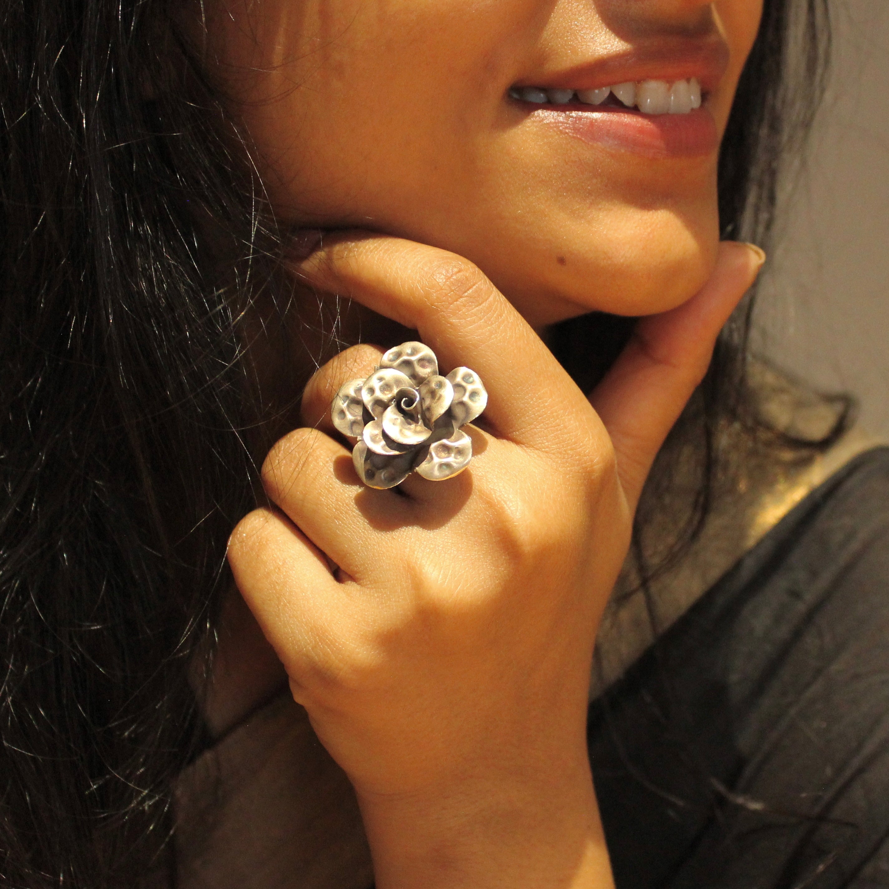 Open Rose Textured 925 Oxidised Ring- Free size
