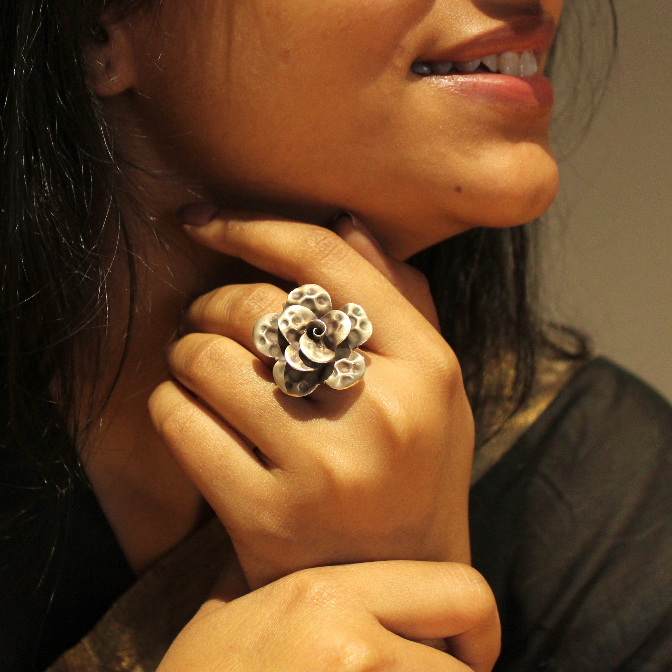 Open Rose Textured 925 Oxidised Ring- Free size