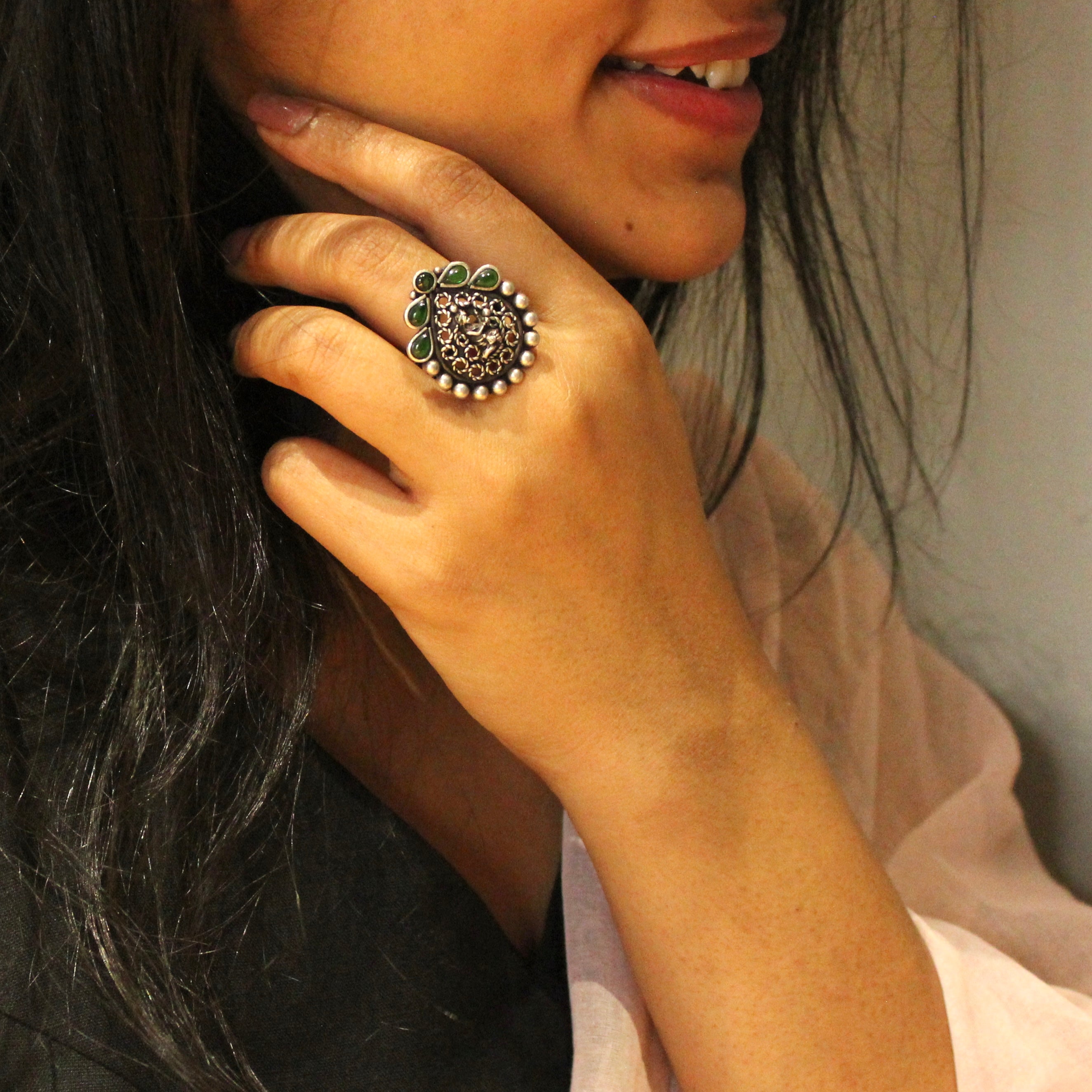 Women Curved Antique Emerald Stones 925 Oxidised Ring- Free size