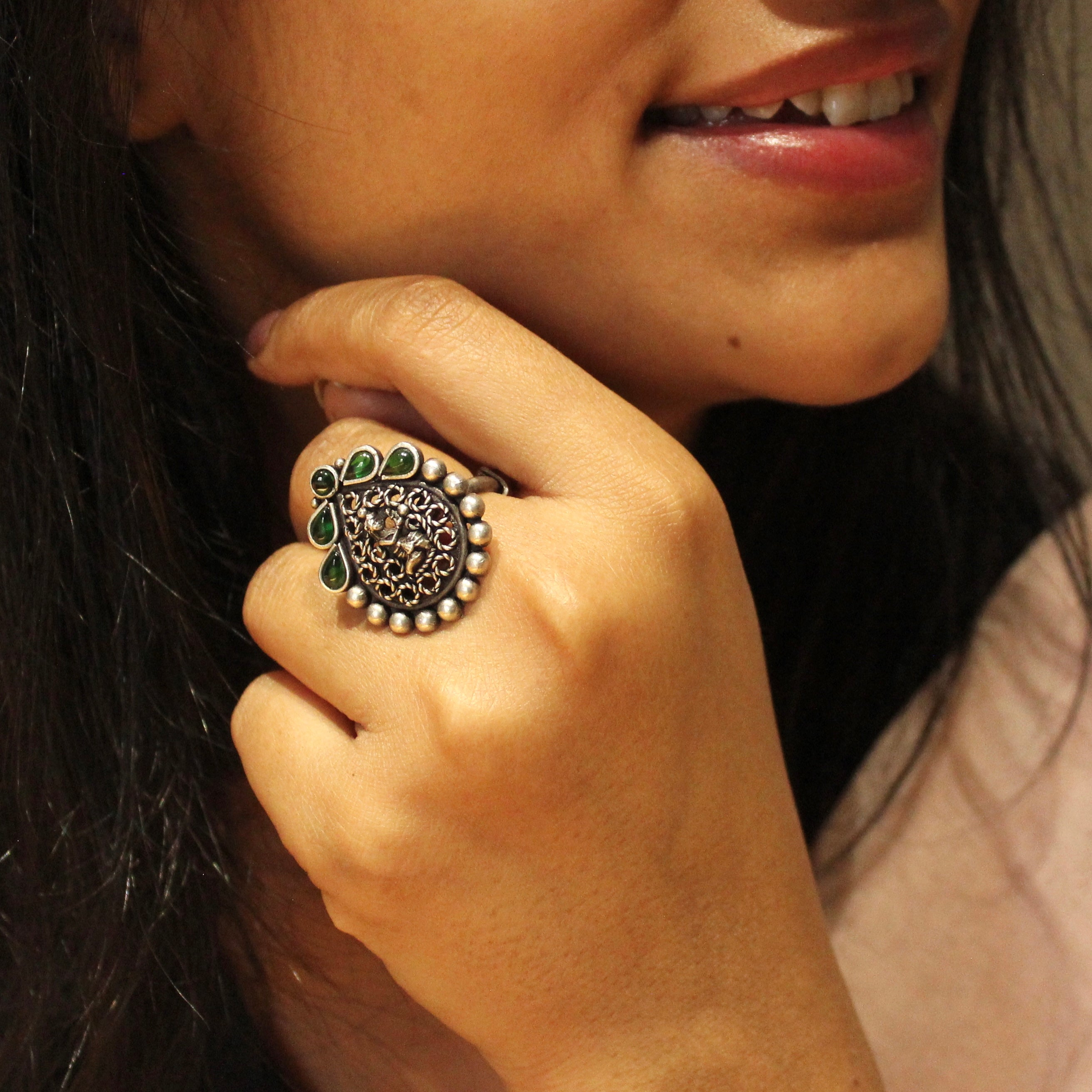 Women Curved Antique Emerald Stones 925 Oxidised Ring- Free size