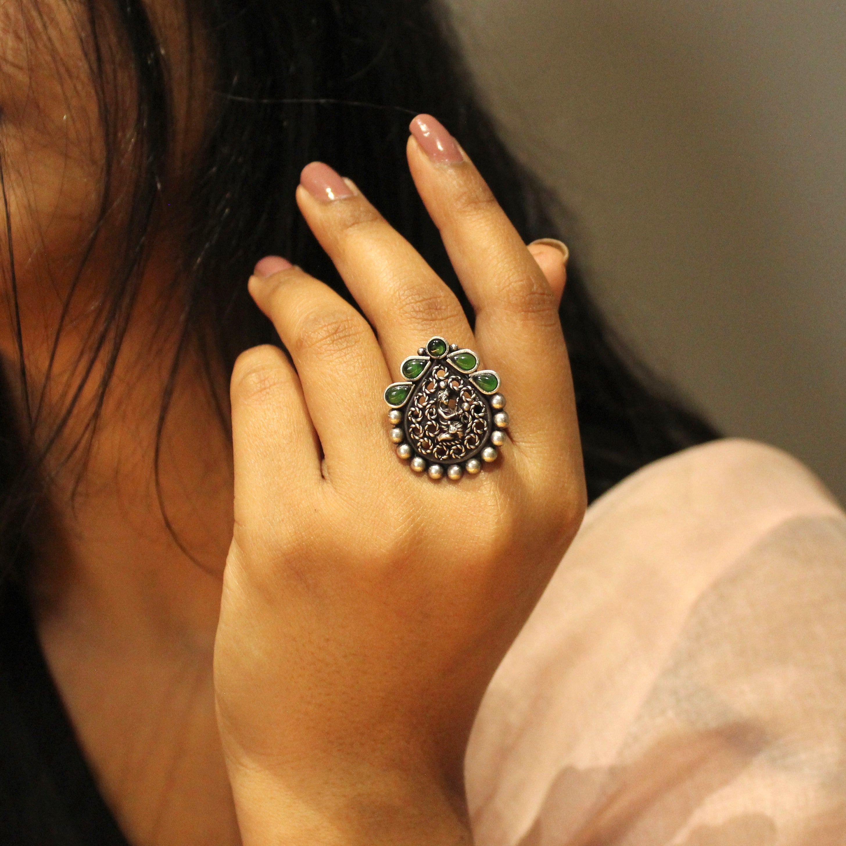 Women Curved Antique Emerald Stones 925 Oxidised Ring- Free size