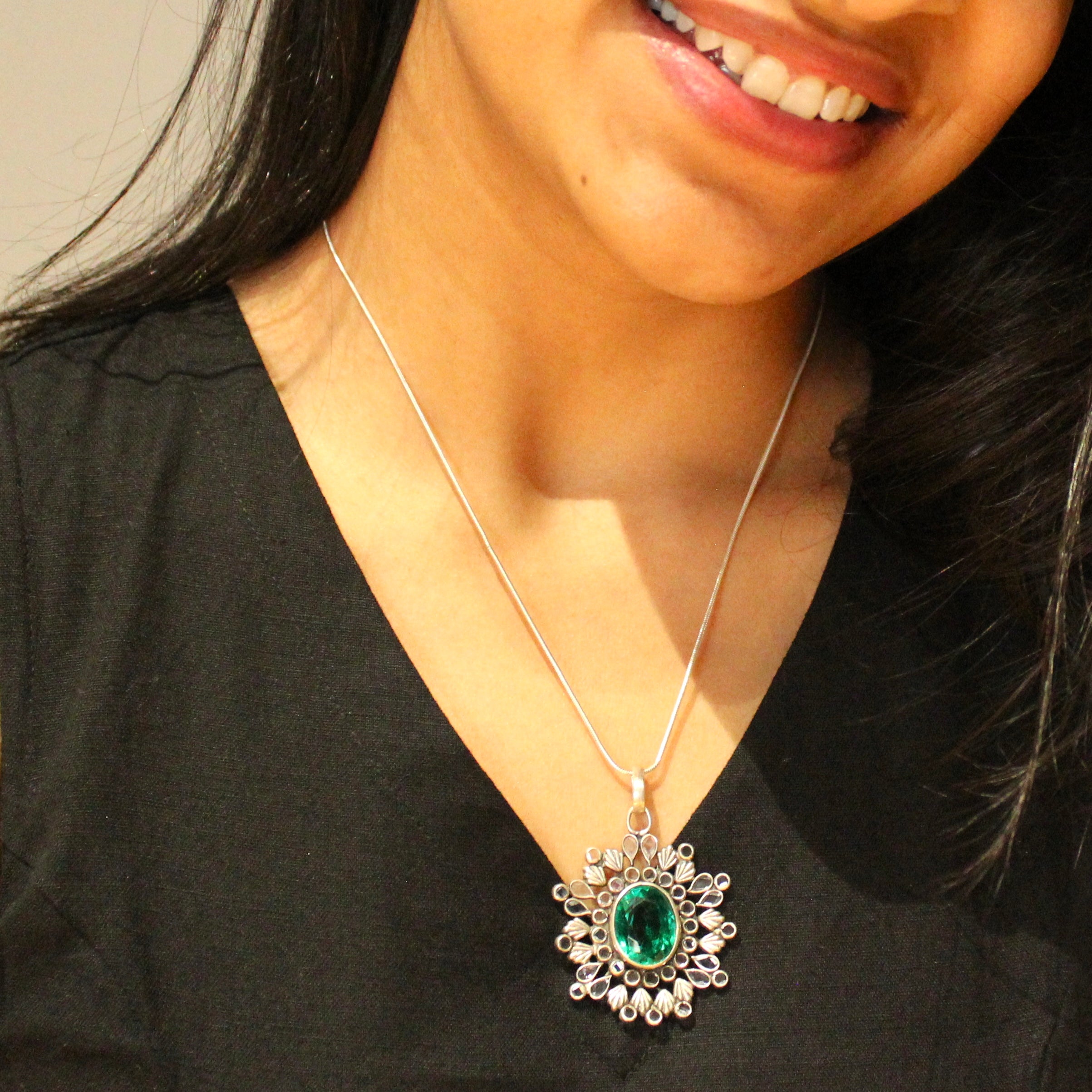 Emerald Stone 925 Oxidised Silver Pendant with Minimal Silver Chain