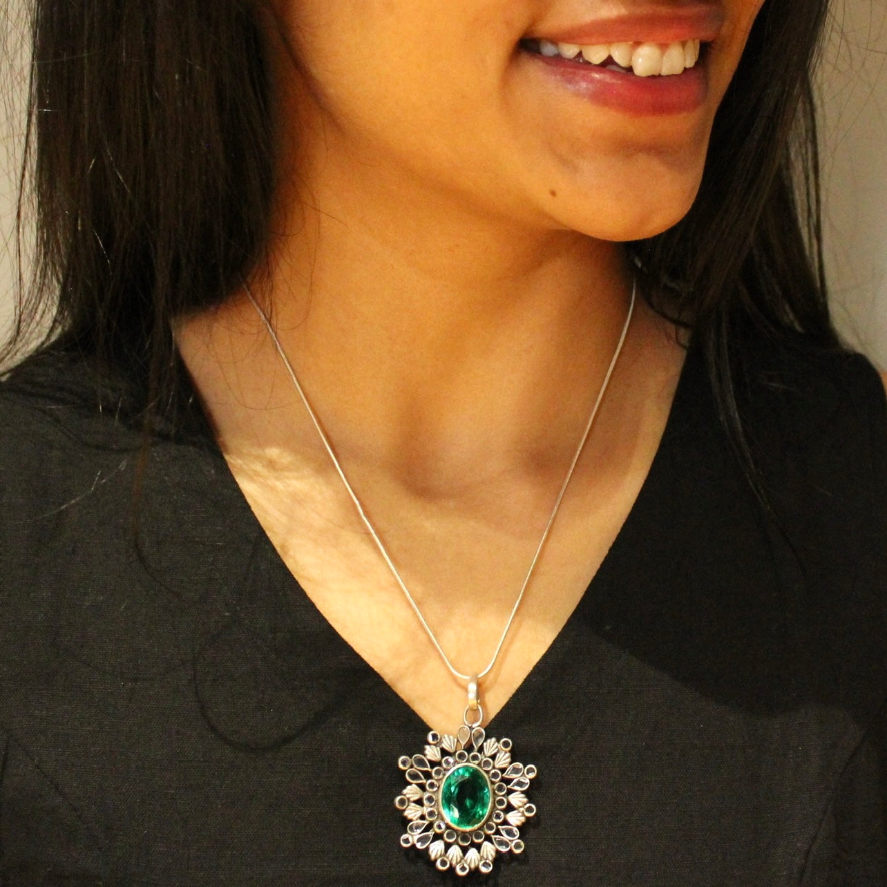 Emerald Stone 925 Oxidised Silver Pendant with Minimal Silver Chain