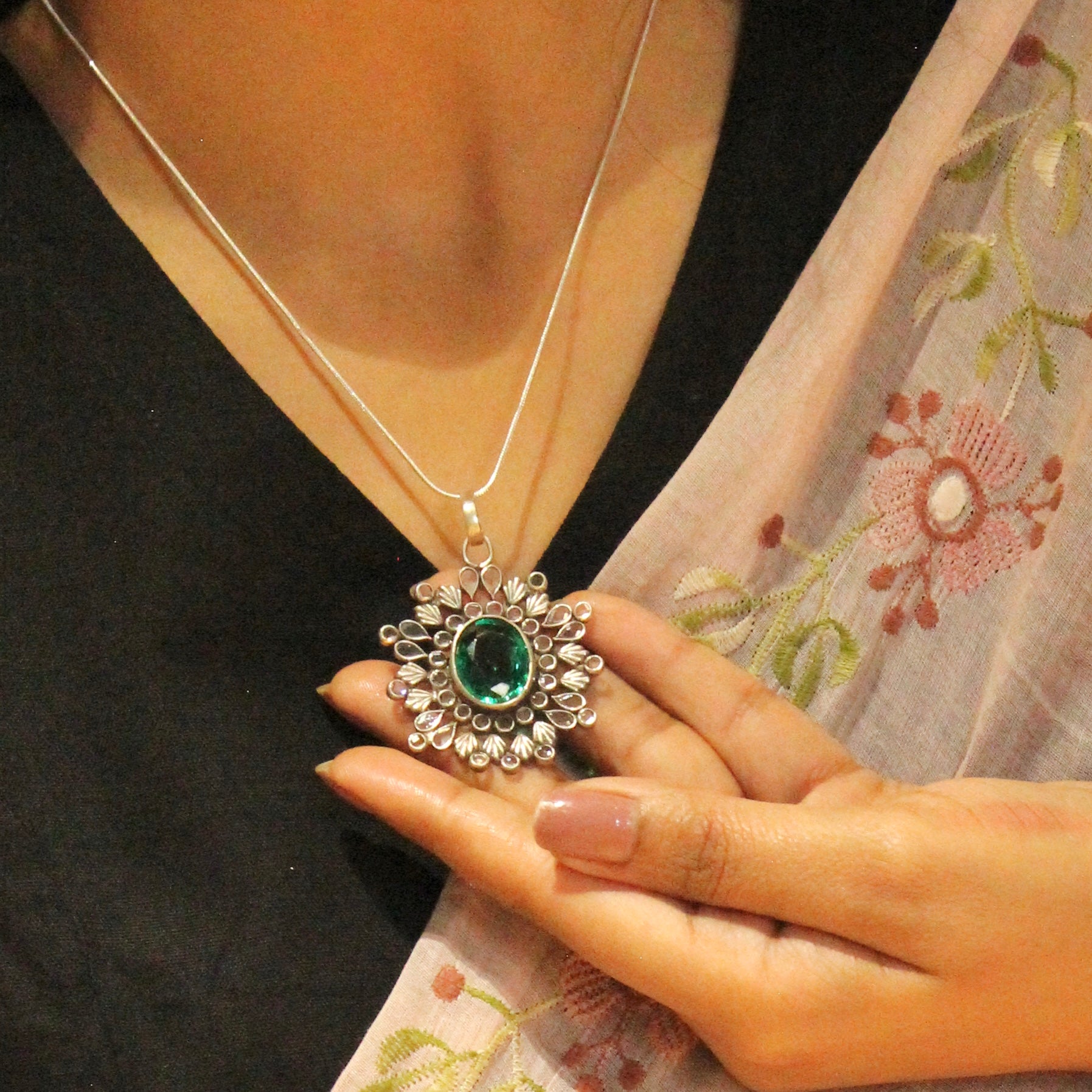 Emerald Stone 925 Oxidised Silver Pendant with Minimal Silver Chain