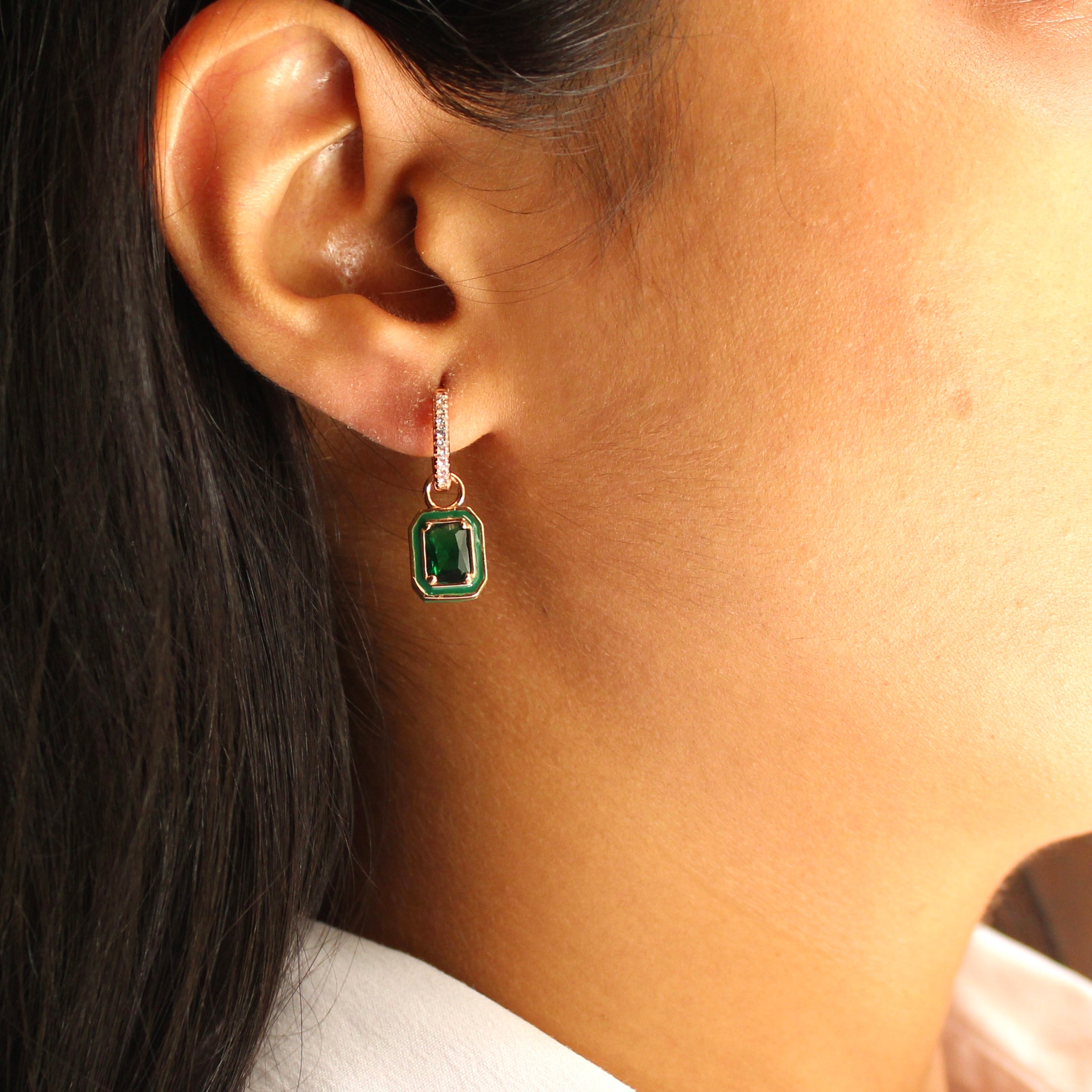 Emerald Stones Drop Earrings in Rose Gold Plated 925 silver