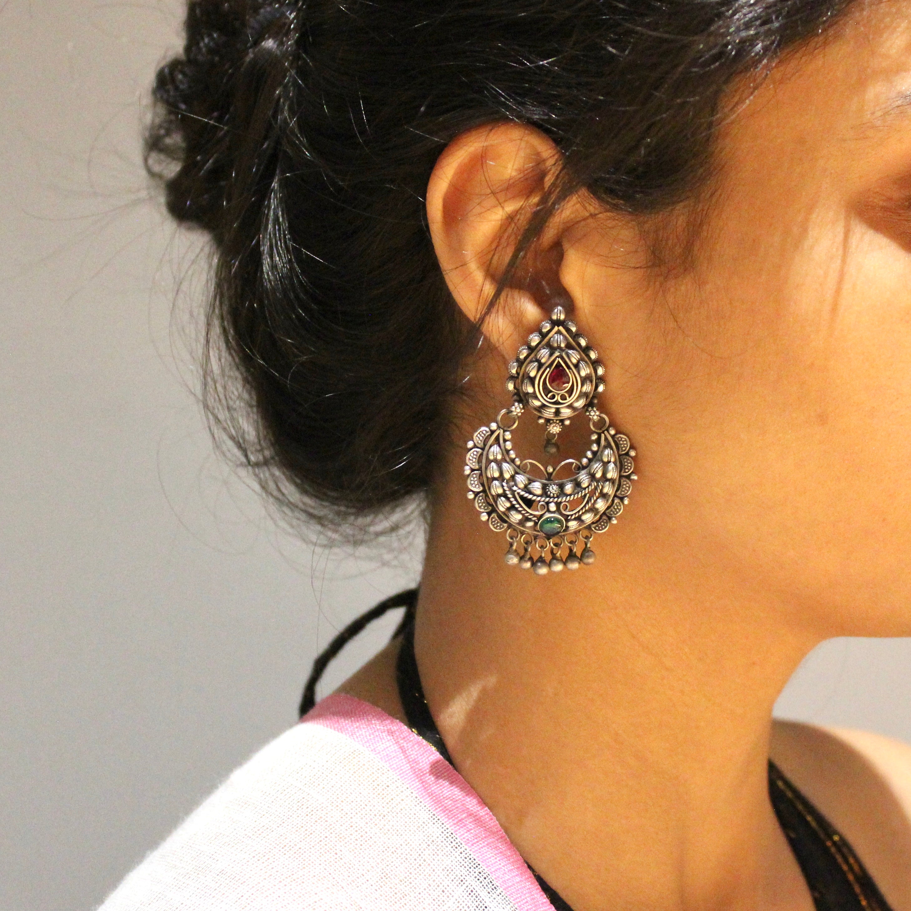 Red Green Stone 925 oxidised silver Chandbaliyan