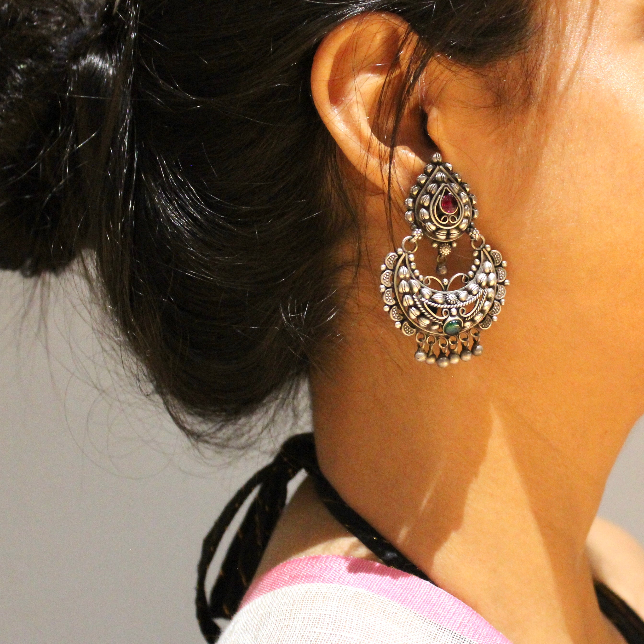 Red Green Stone 925 oxidised silver Chandbaliyan