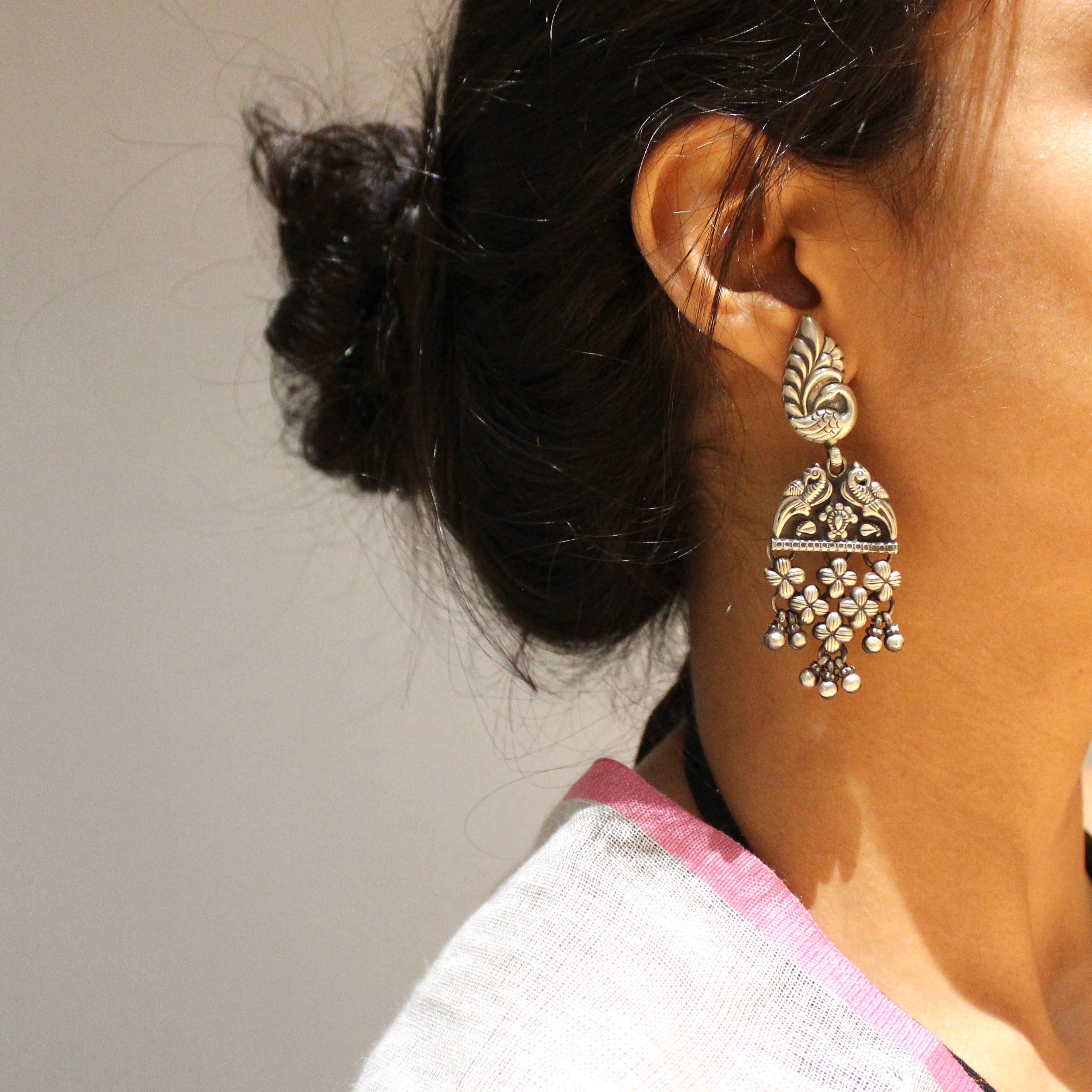 Peacock and Birds Hanging 925 Oxidised Silver Jhumkas