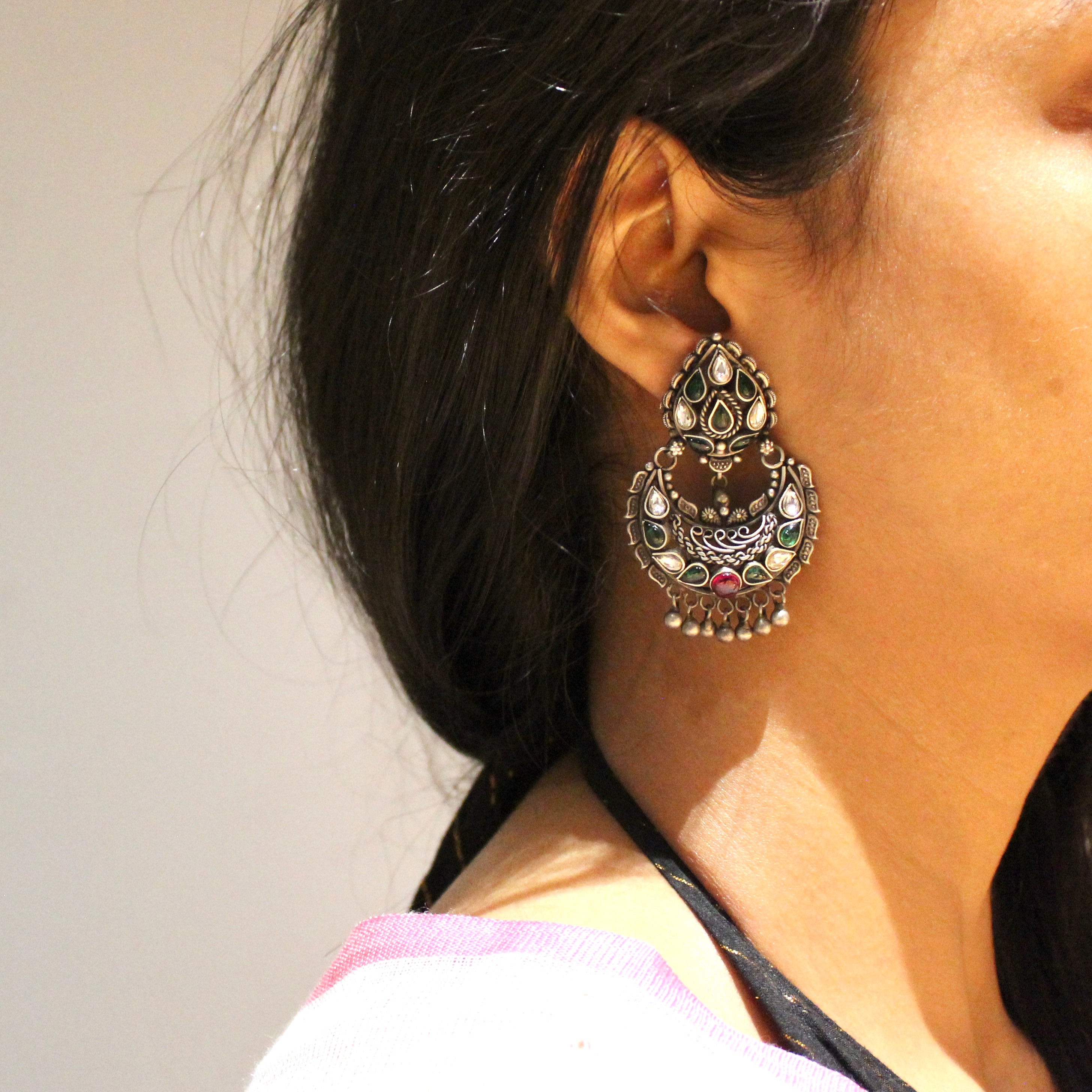 Red And Multiple green Stones Drop 925 oxidised silver Chandbaliyan