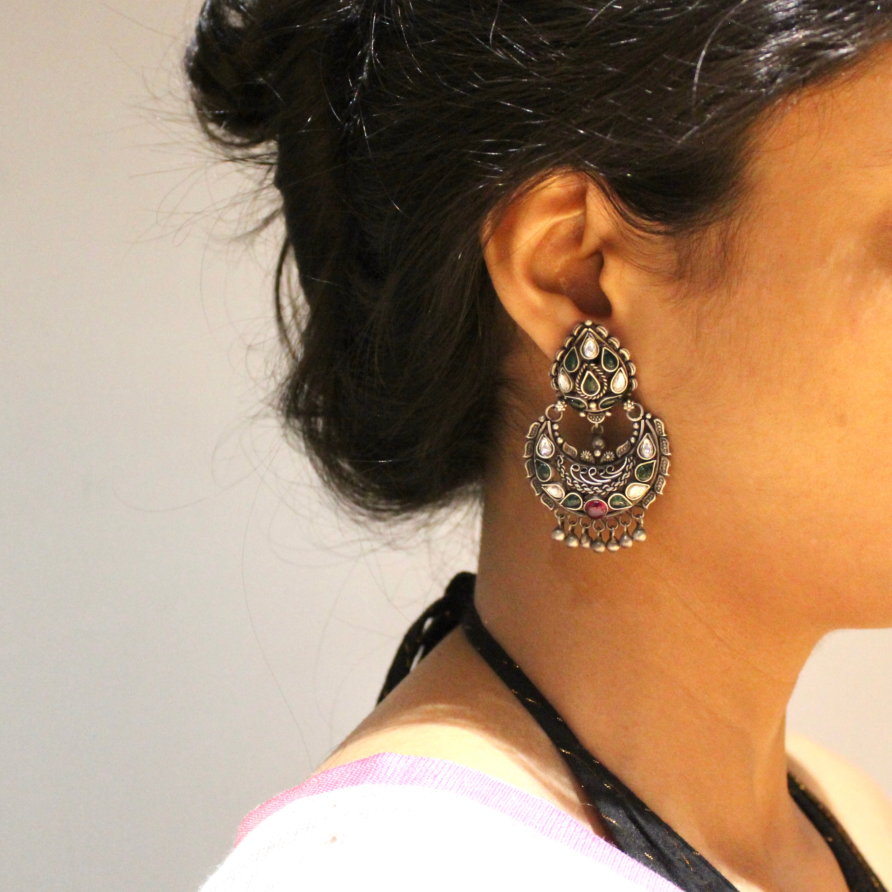 Red And Multiple green Stones Drop 925 oxidised silver Chandbaliyan