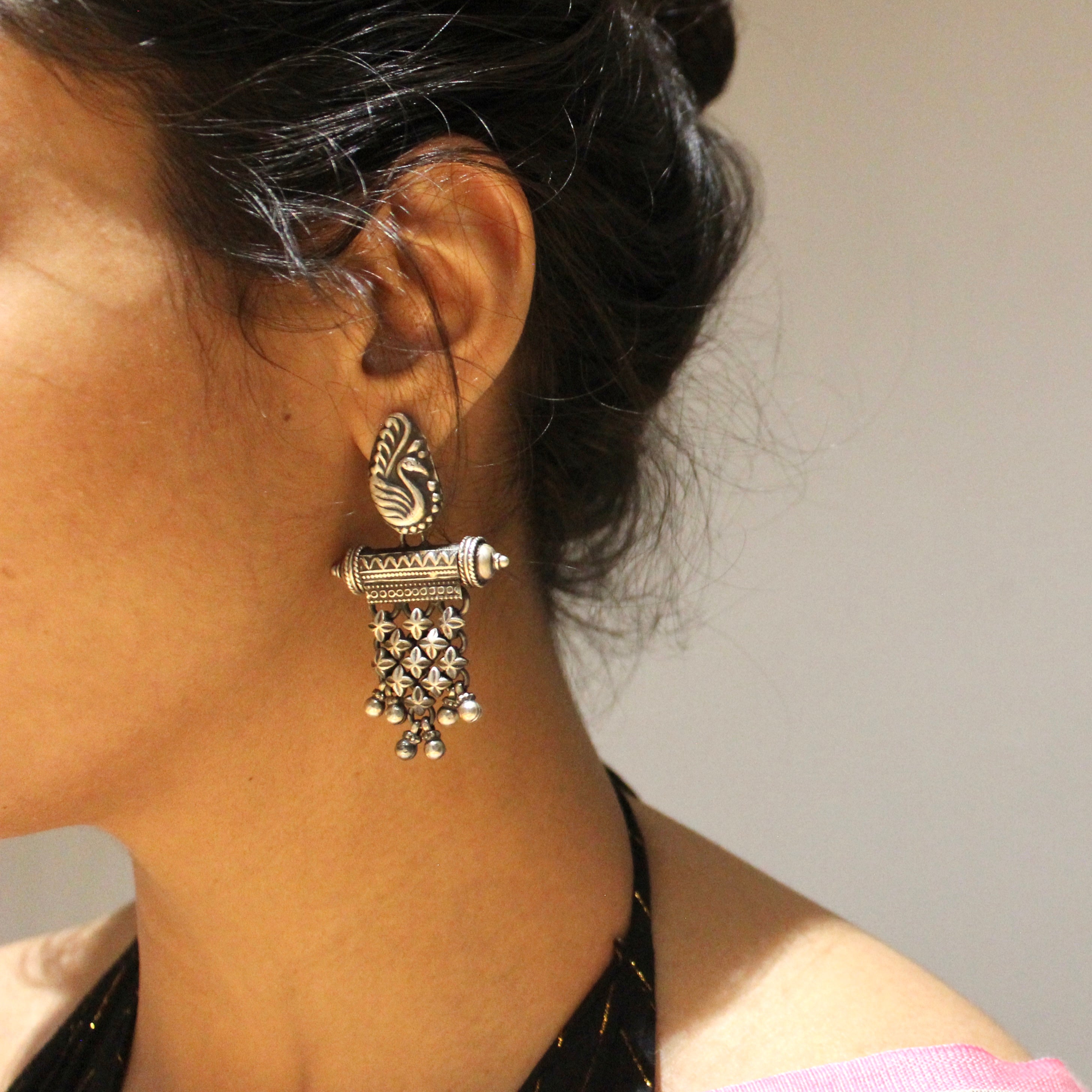 Ancient Peacock with clovers hanging 925 silver jhumkas