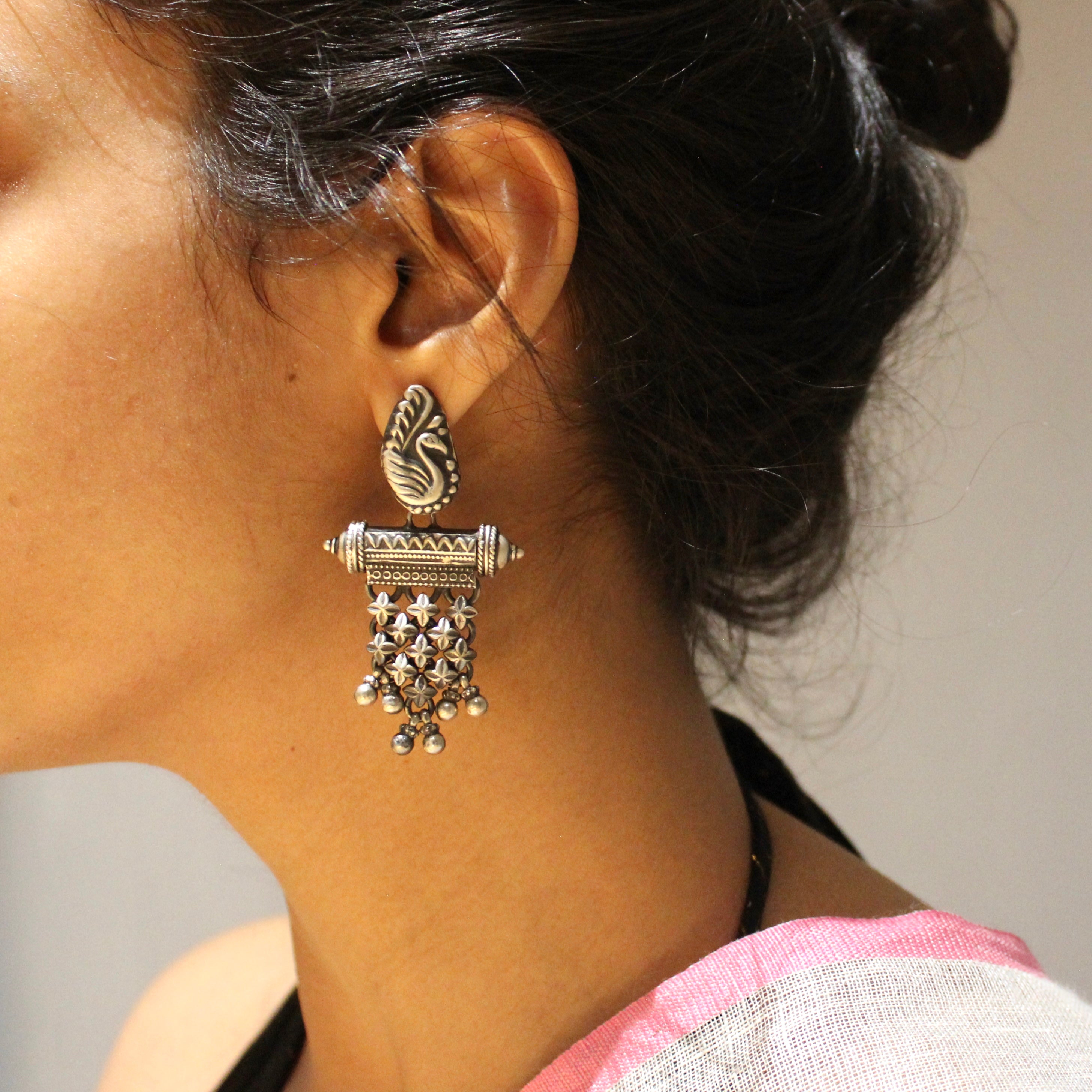 Ancient Peacock with clovers hanging 925 silver jhumkas