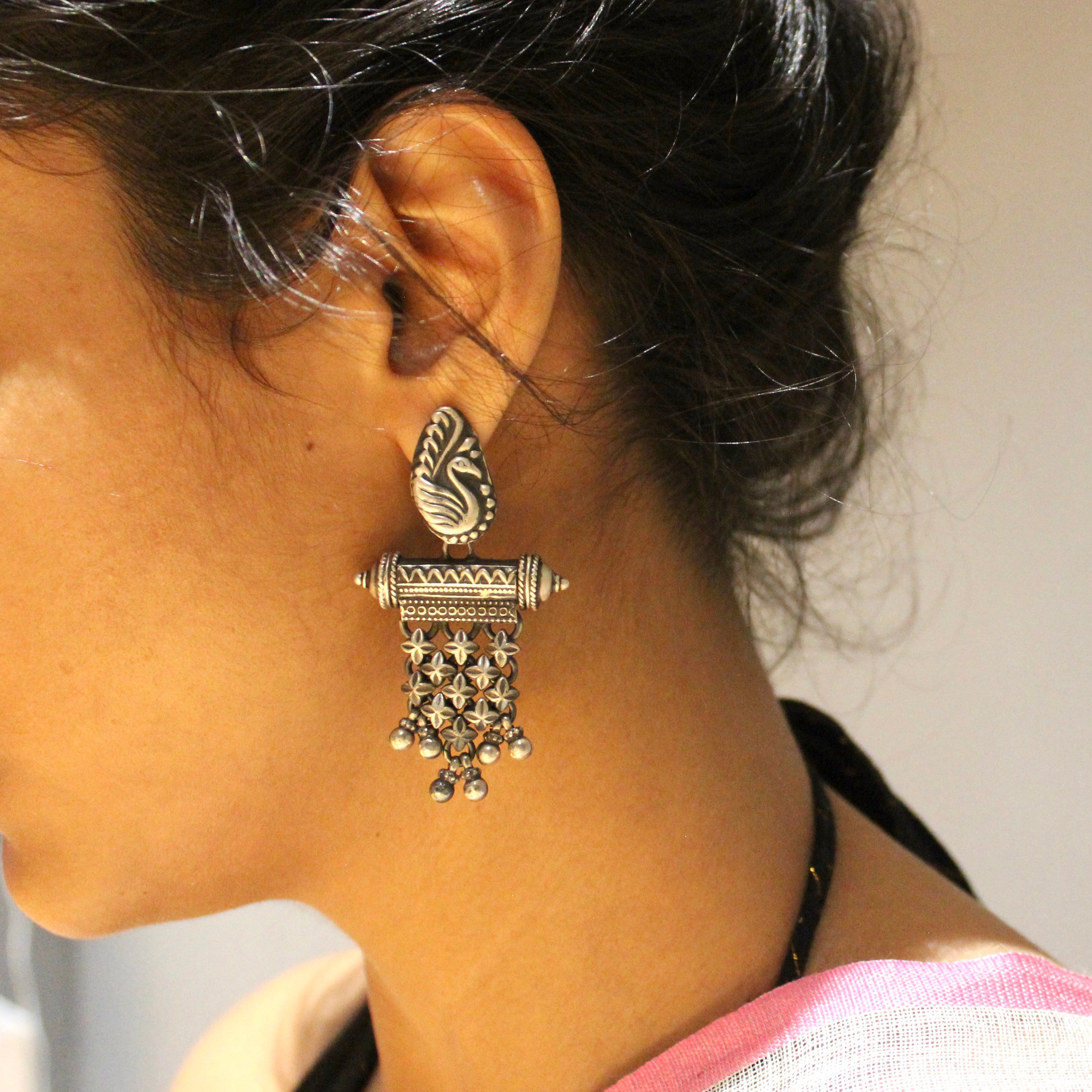 Ancient Peacock with clovers hanging 925 silver jhumkas