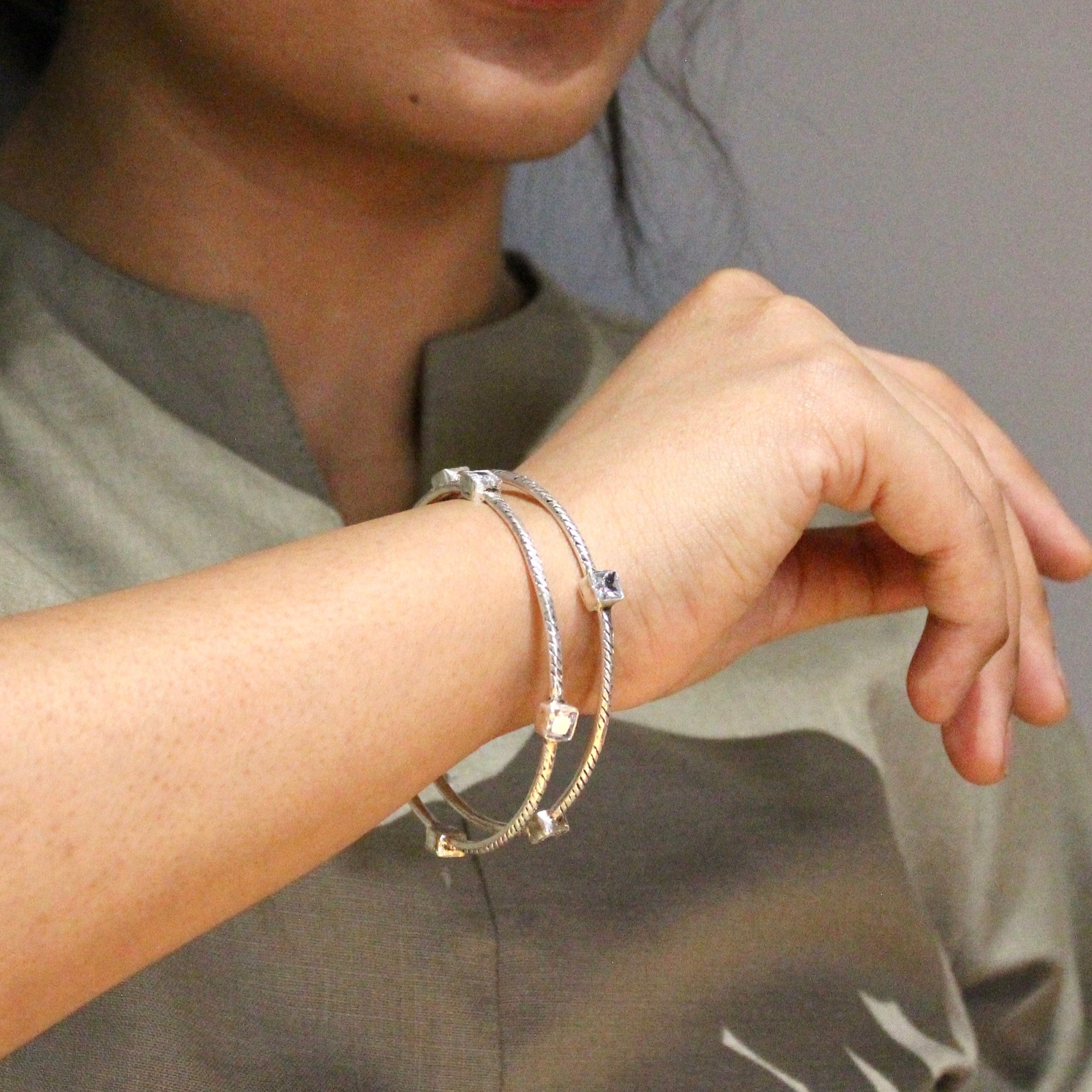 Zircon cube 925 oxidised silver bangles- Pair