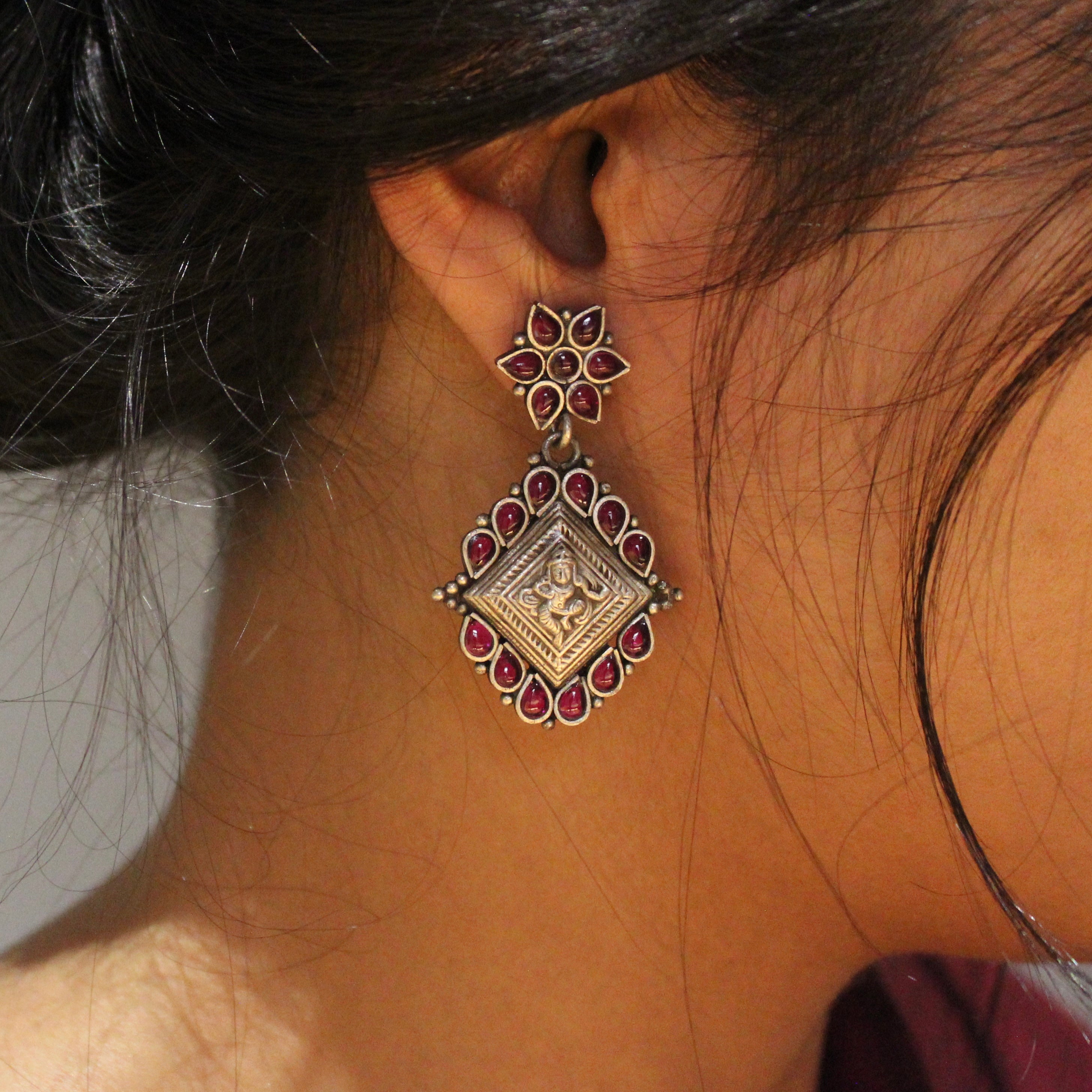 Goddess laxmi 925 oxidised silver jhumkas