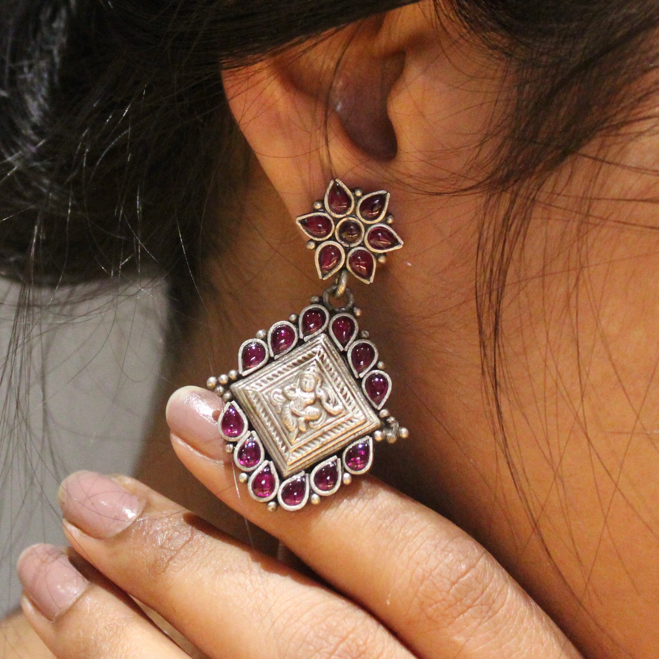 Goddess laxmi 925 oxidised silver jhumkas
