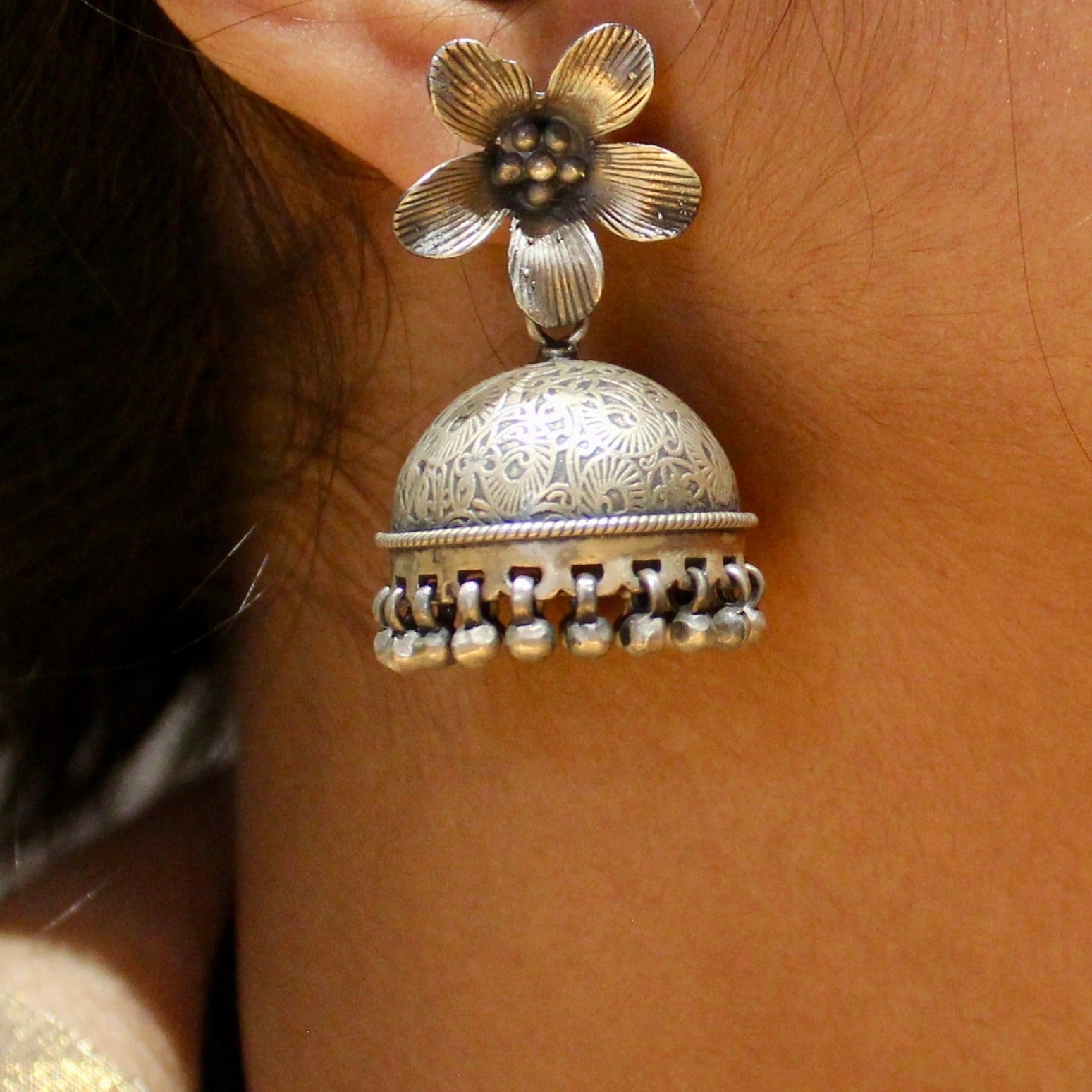 Flower matt 925 oxidised silver jhumkas