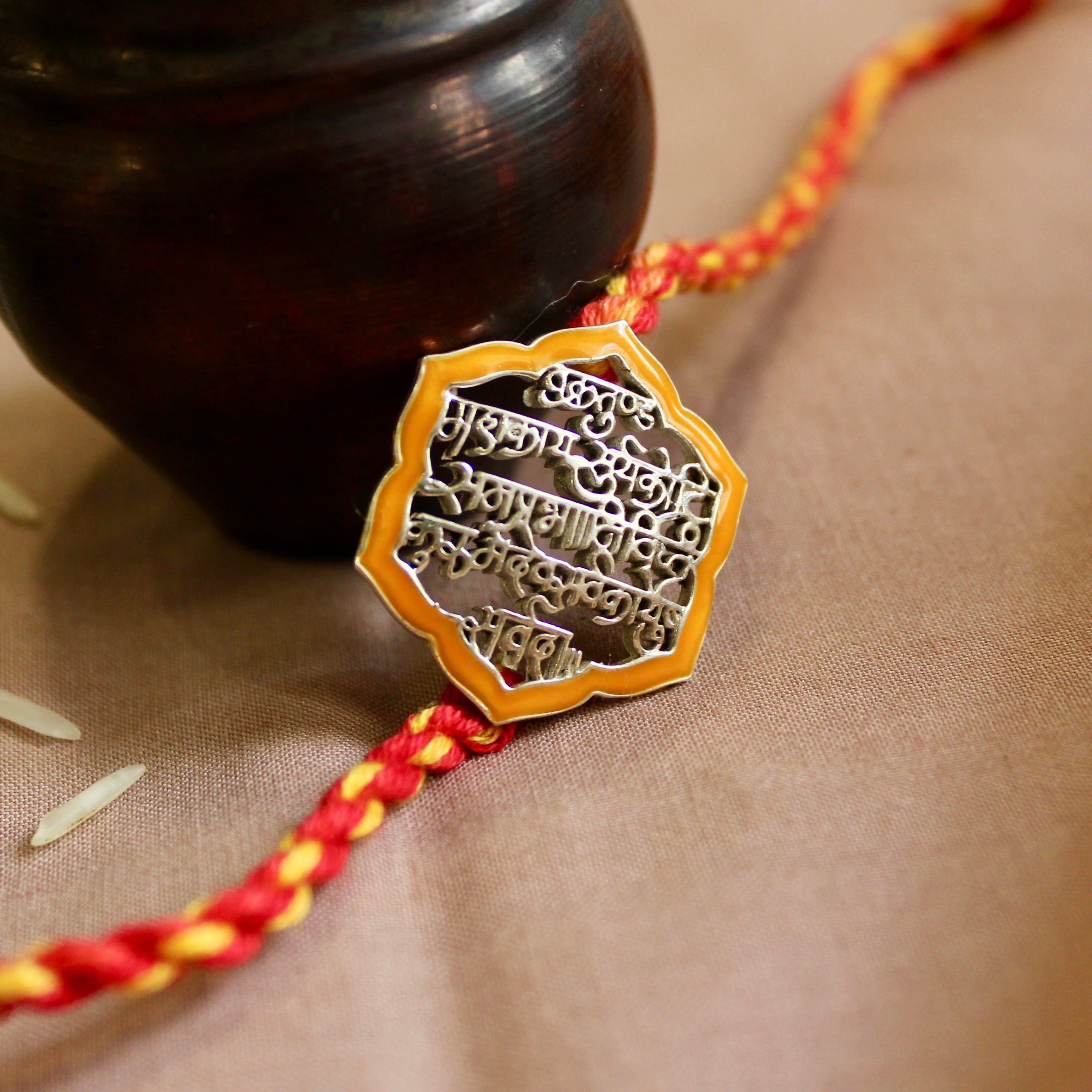 Shlok Red Yellow Thread Orange 925 Silver Rakhi
