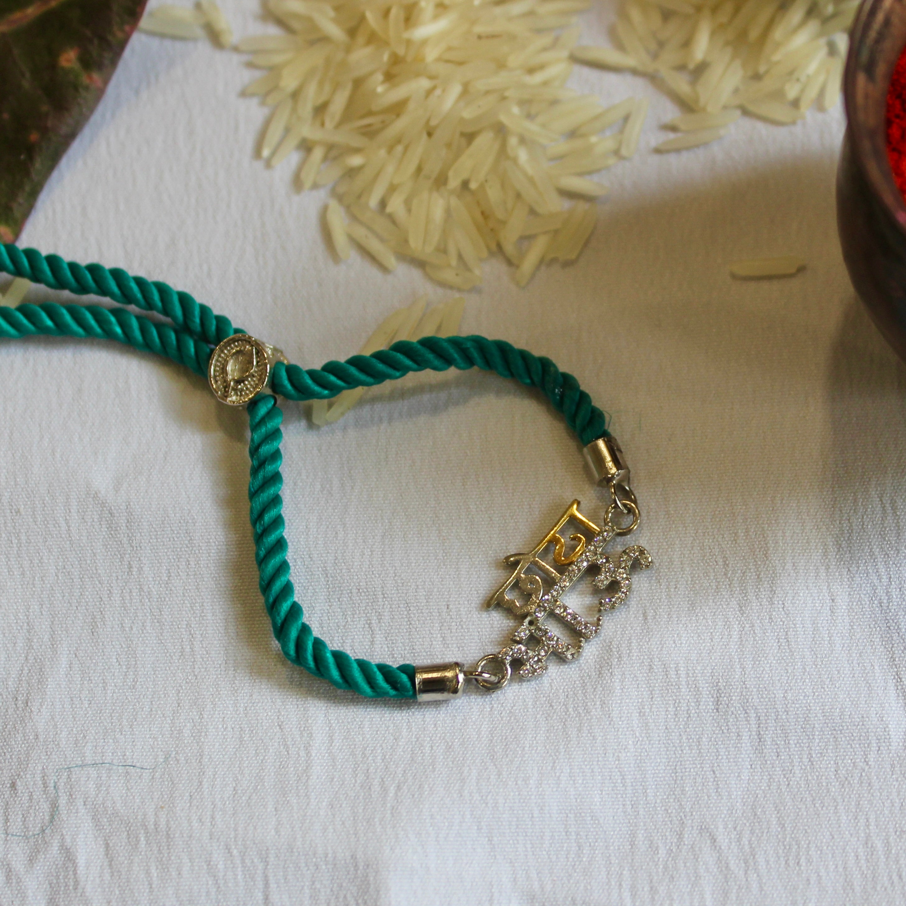 'CHHOTA BHAU' Green Thread Rakhi in 925 Silver