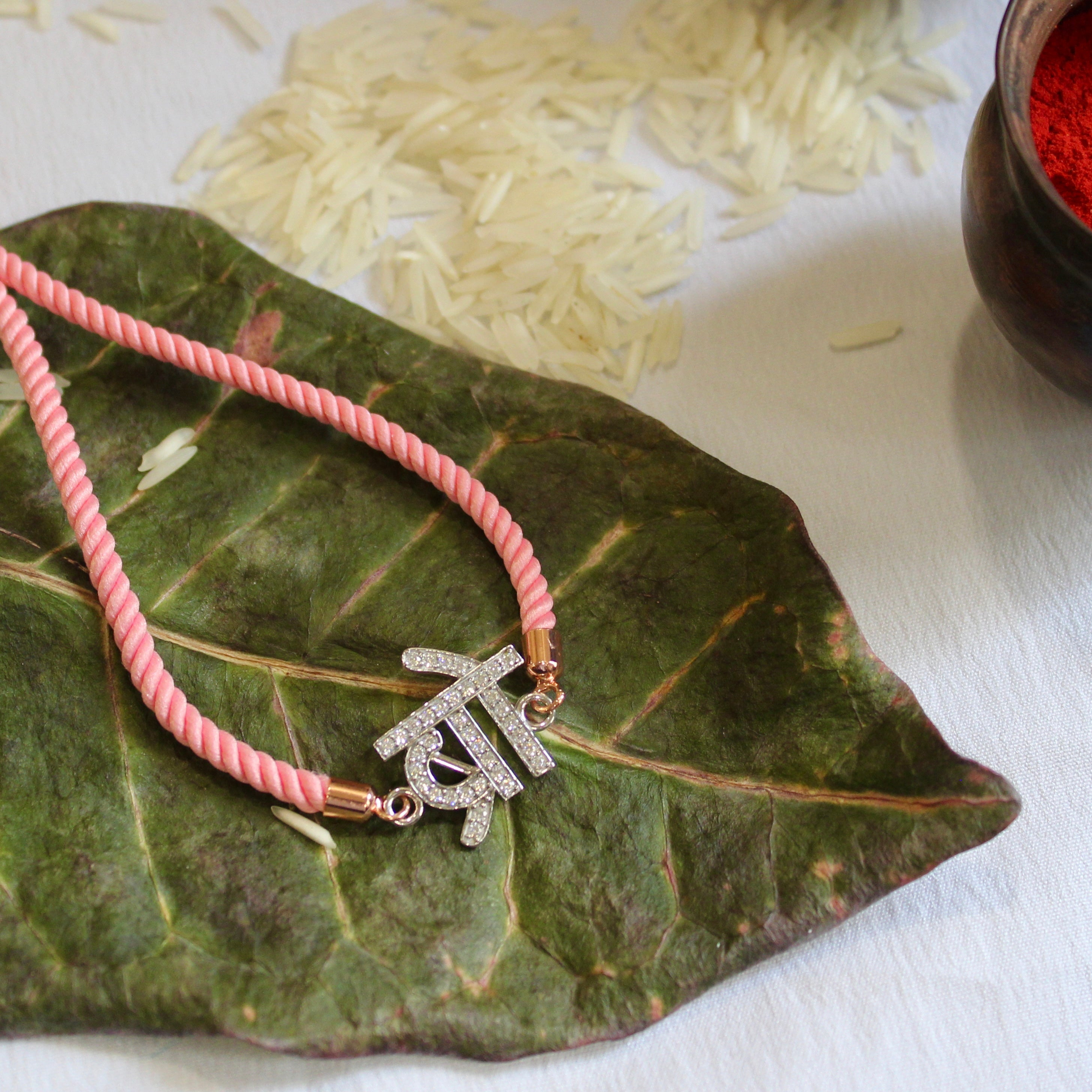 'BRO in Hindi' Pink Thread Rakhi in 925 Silver