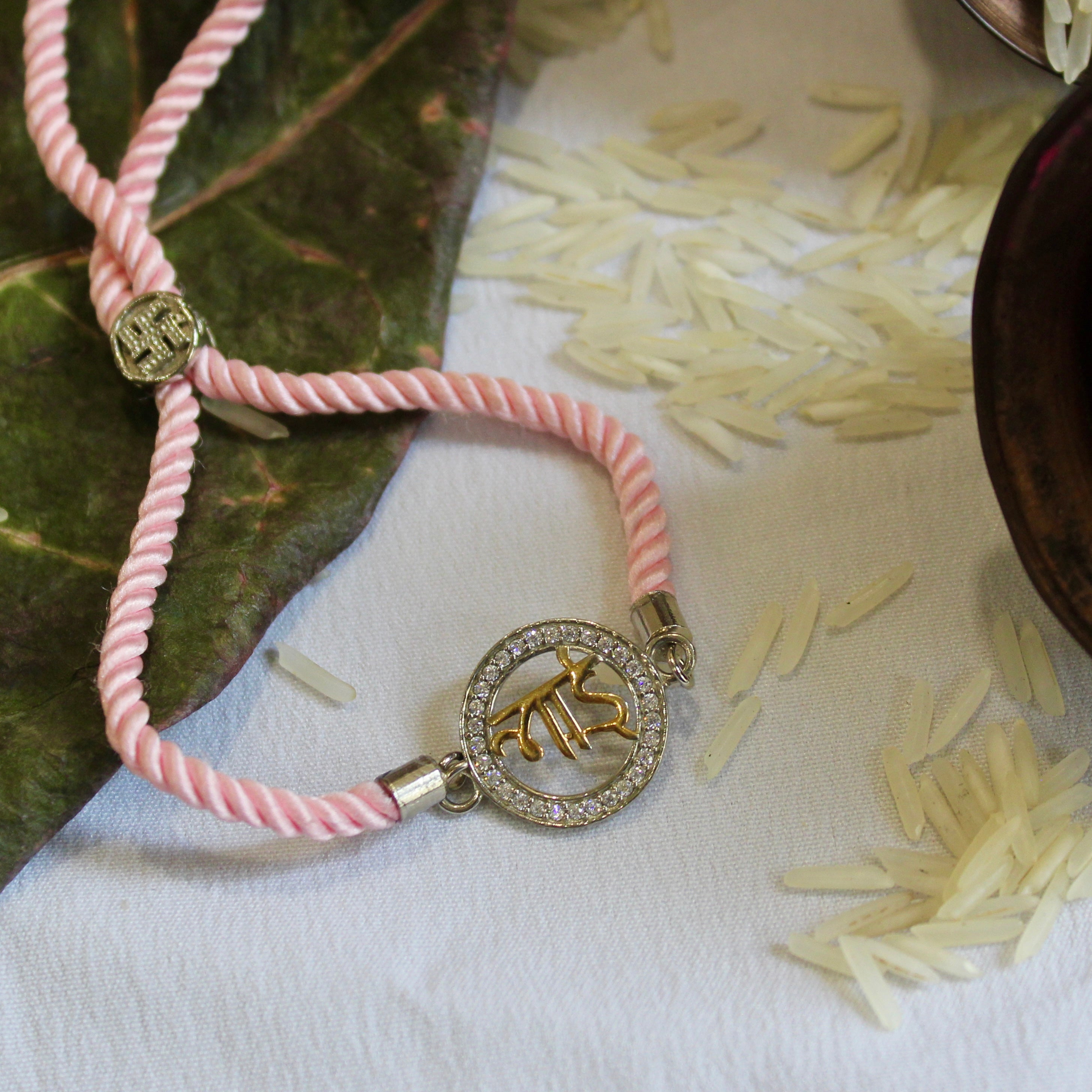 'BHAI In Circle' Pink Thread Rakhi in 925 Silver
