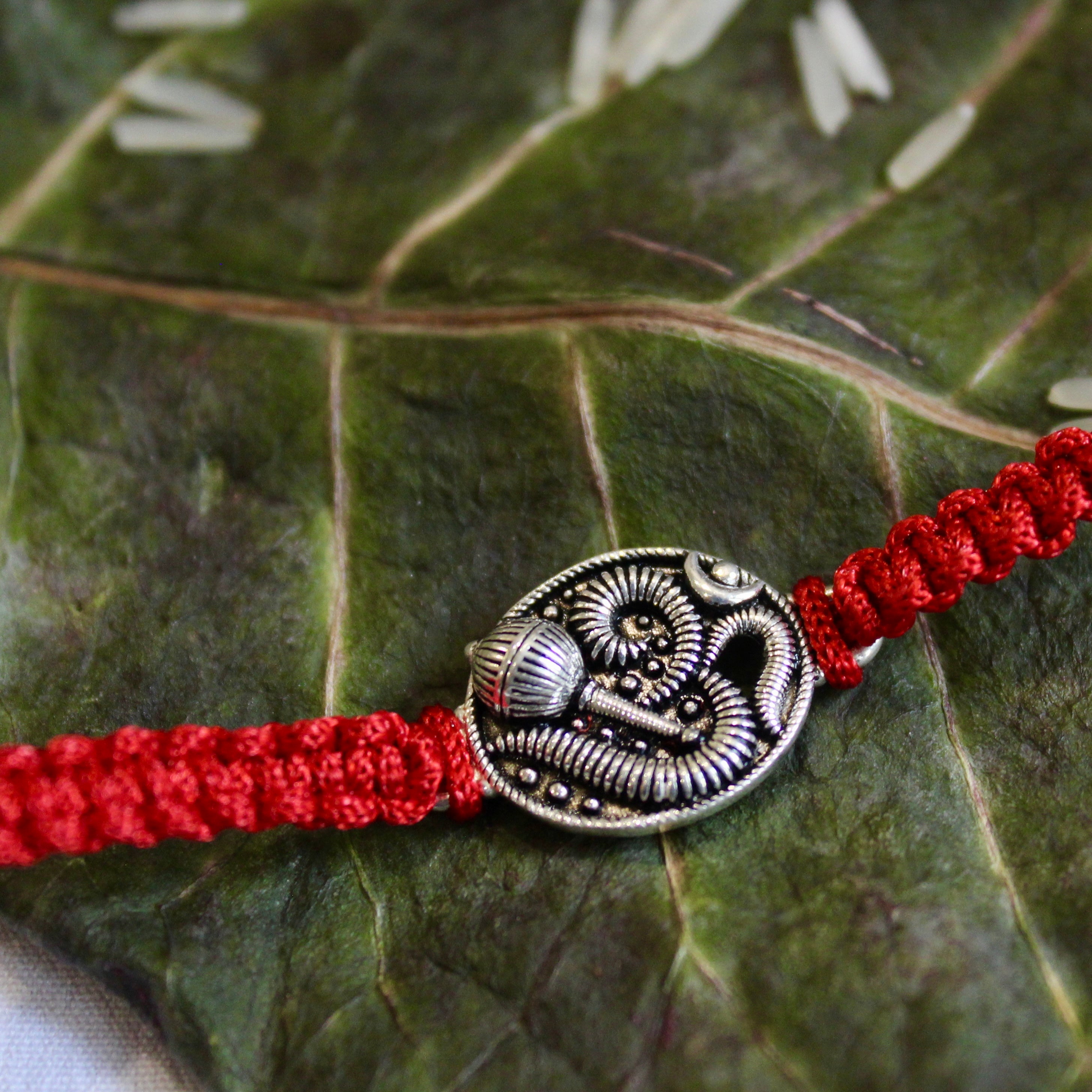Om With Gada 925 Silver Red Thread Rakhi