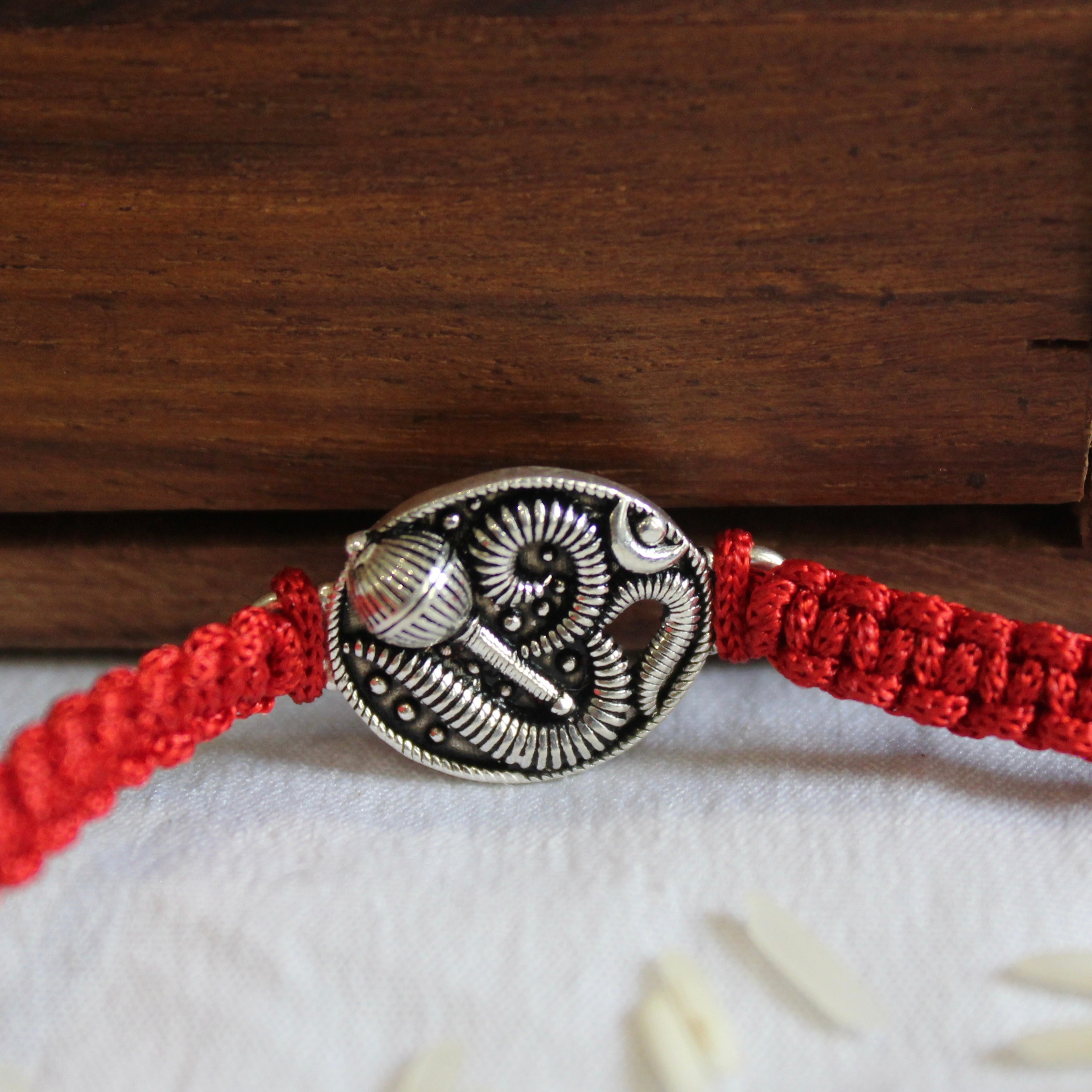 Om With Gada 925 Silver Red Thread Rakhi